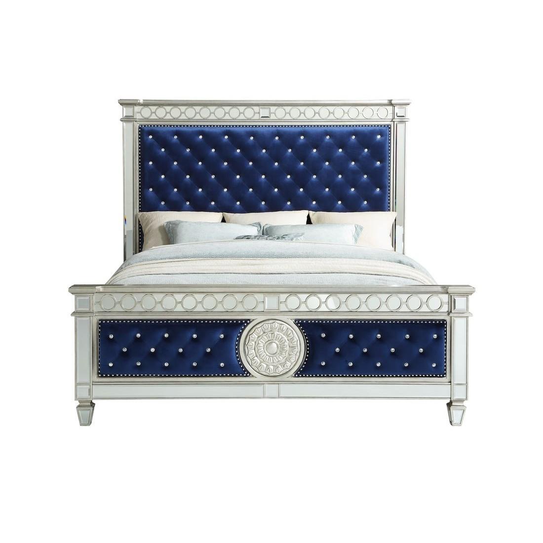 

    
Acme Furniture Varian Panel Bed Blue/Silver/Mirrored Varian-26150Q
