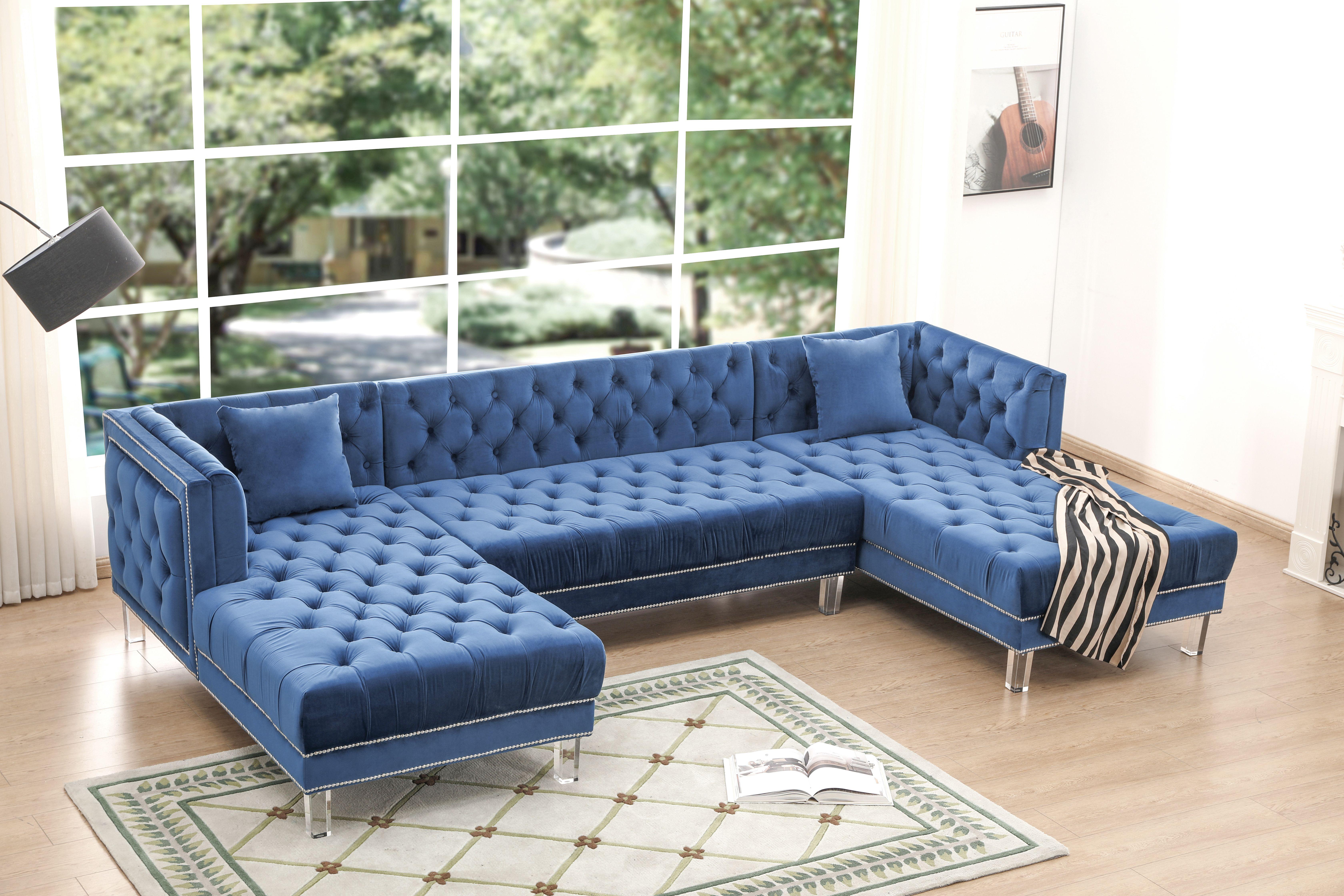 Blue Velvet Sectional Sofa With Acrylic