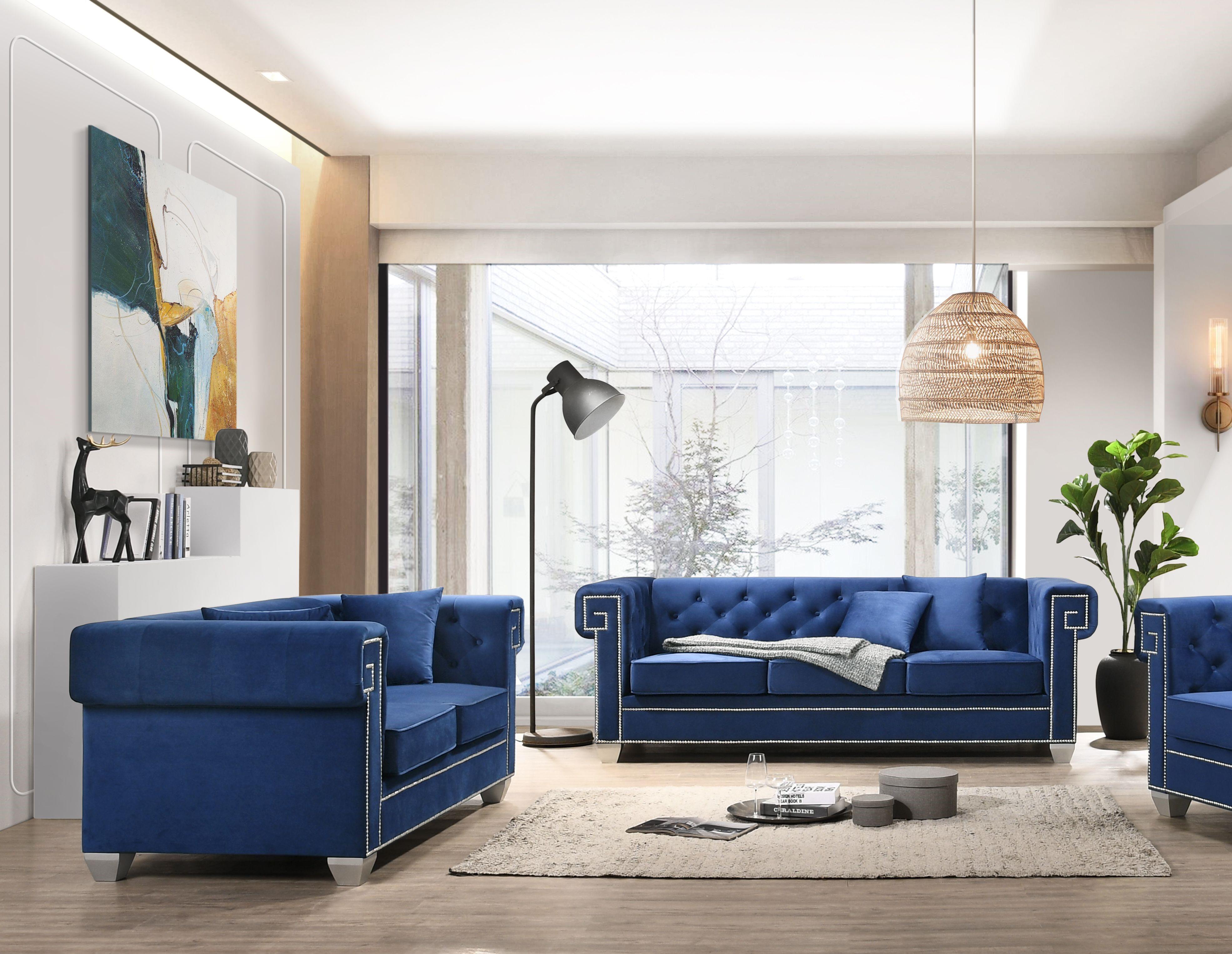 Modern Sofa and Loveseat Set Clover Blue Clover Blue-Set-2 in Blue Velvet