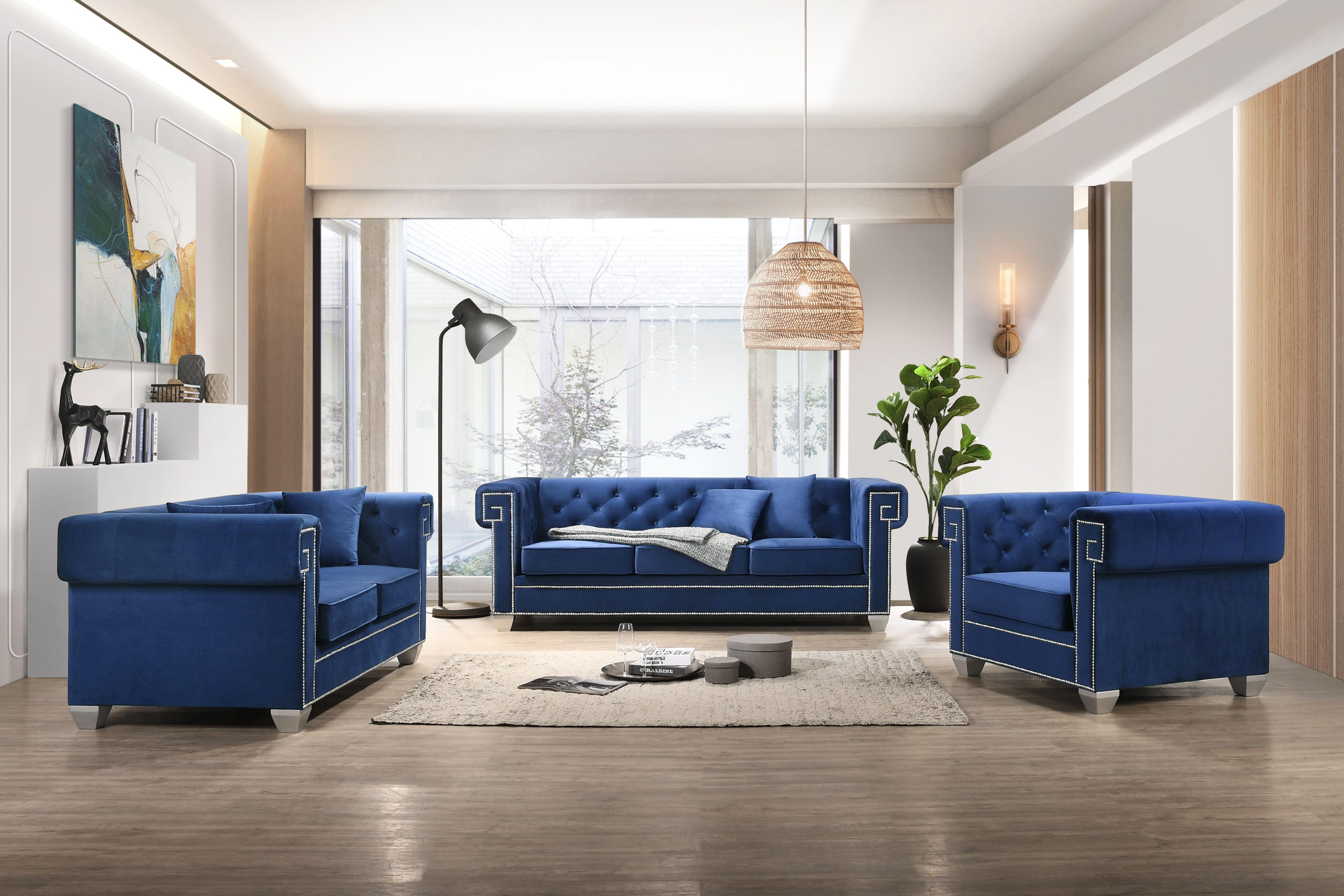 Modern Sofa Loveseat and Chair Set Clover Blue Clover Blue-Set-3 in Blue Velvet