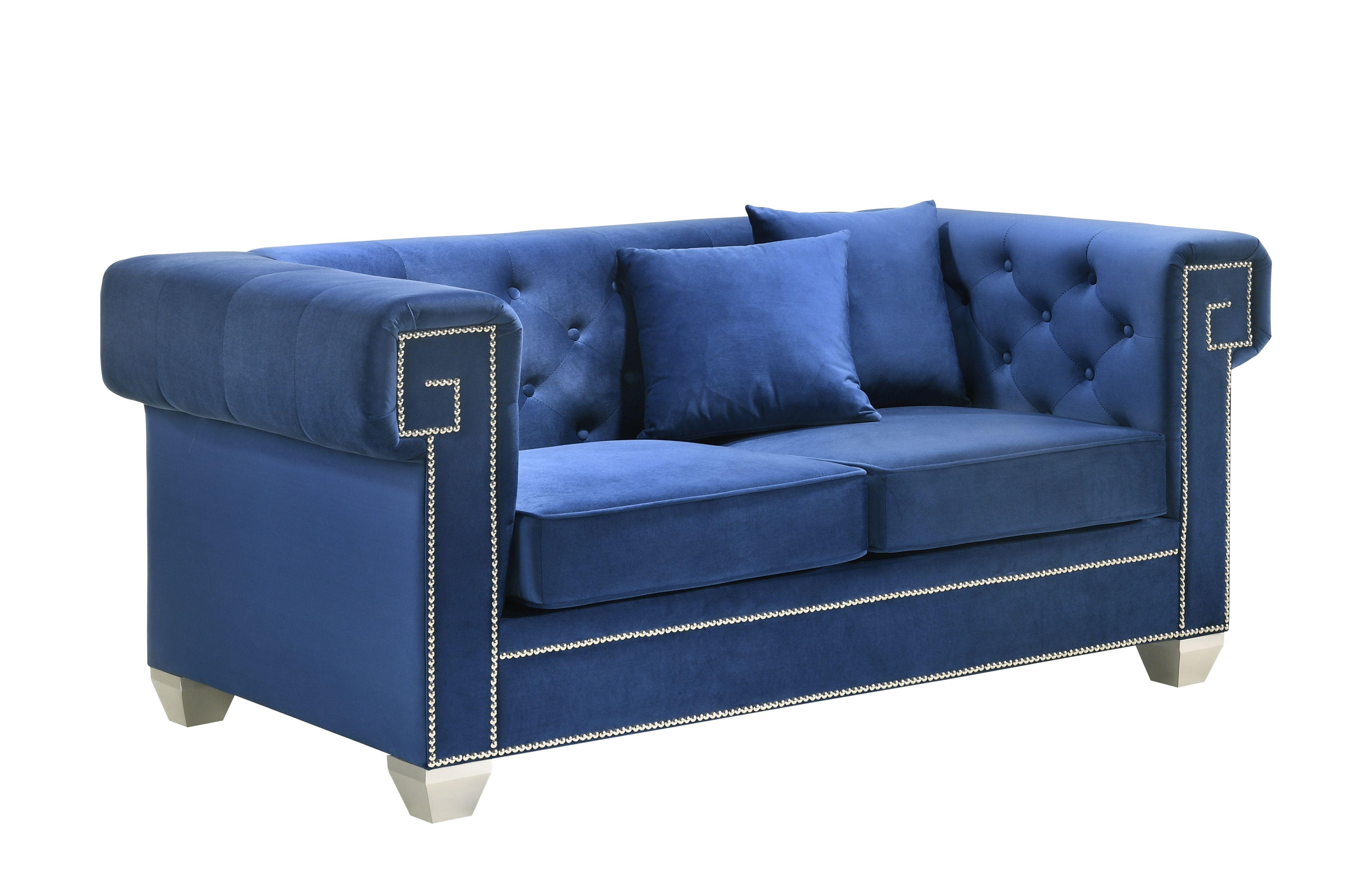 

        
Cosmos Furniture Clover Blue Sofa Loveseat and Chair Set Blue Velvet 810053741917
