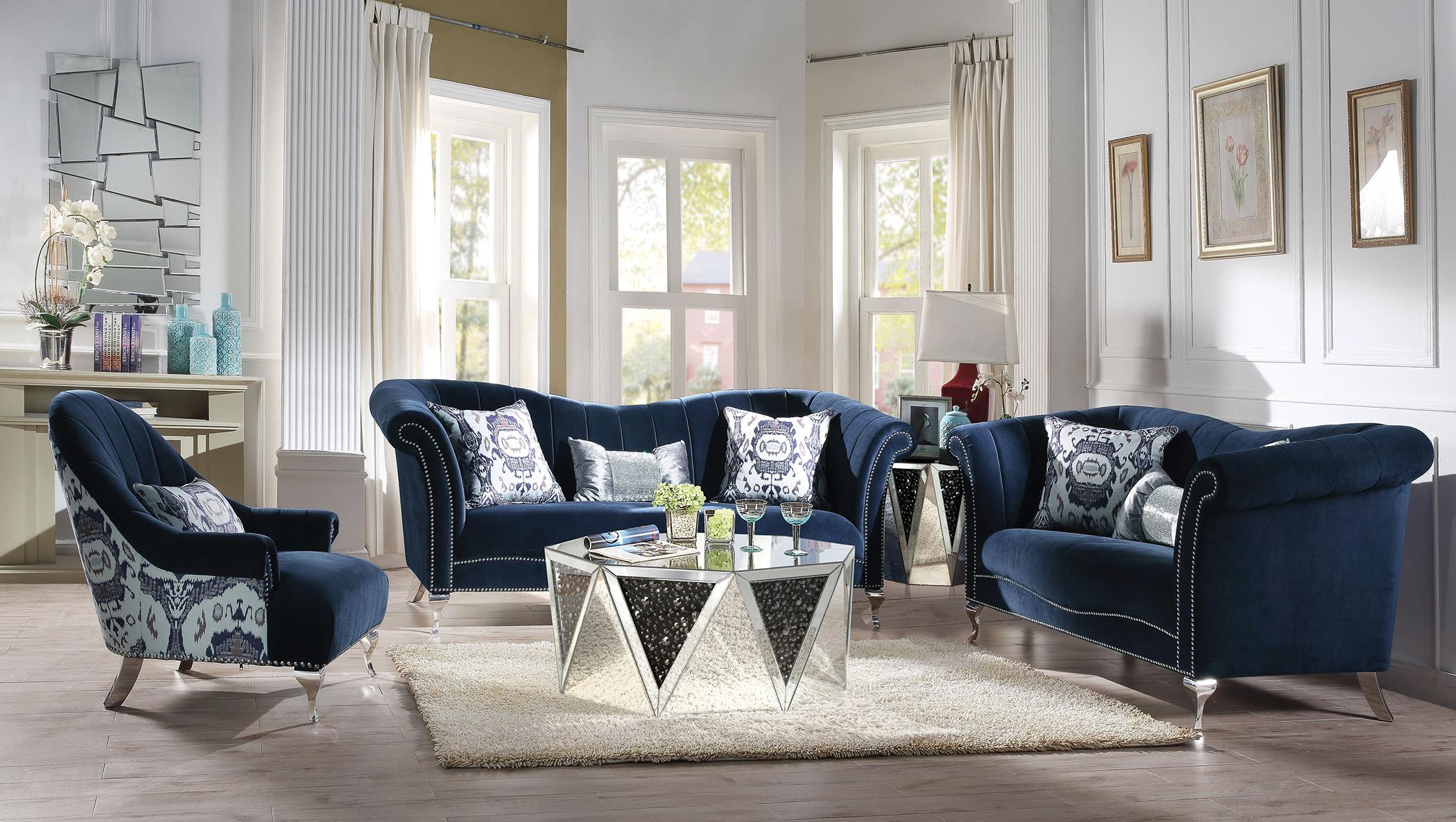 Classic, Traditional Sofa Loveseat Chair and Coffee Table Jaborosa Jaborosa-50345-Set-4 in Blue Velvet