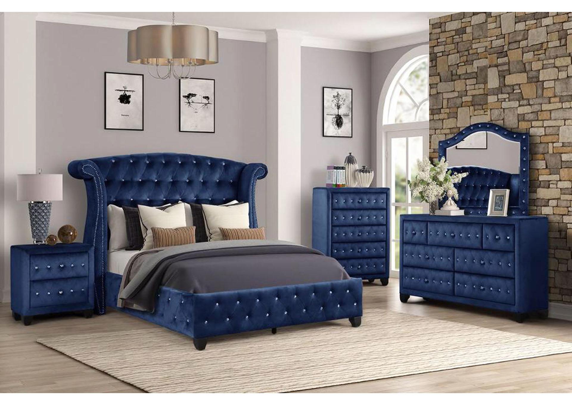 Contemporary, Modern Panel Bedroom Set SOPHIA SOPHIA-F-NDM-4PC in Blue Velvet
