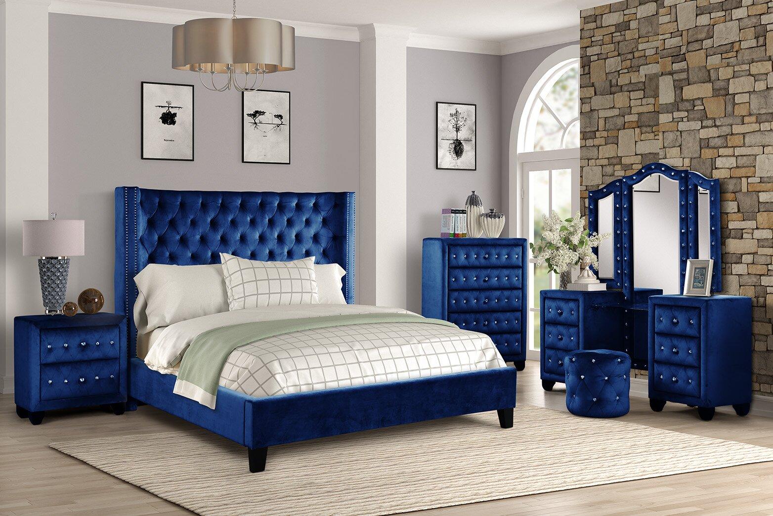 

    
Blue Velvet Tufted King Bed Set 4 w/VANITY ALLEN Galaxy Home Contemporary Modern
