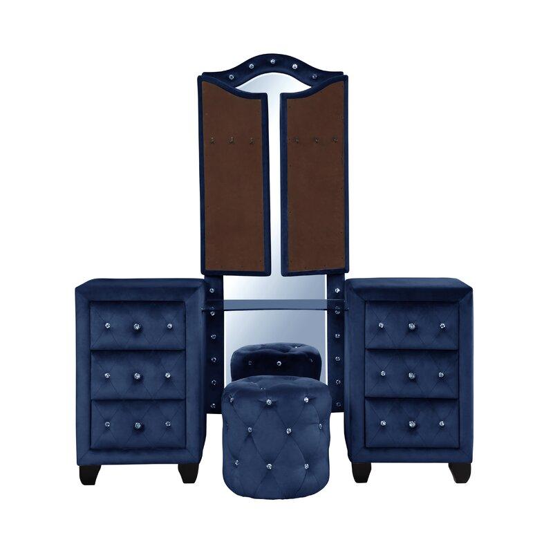 

    
 Order  Blue Velvet Tufted King Bed Set 4 w/VANITY ALLEN Galaxy Home Contemporary Modern
