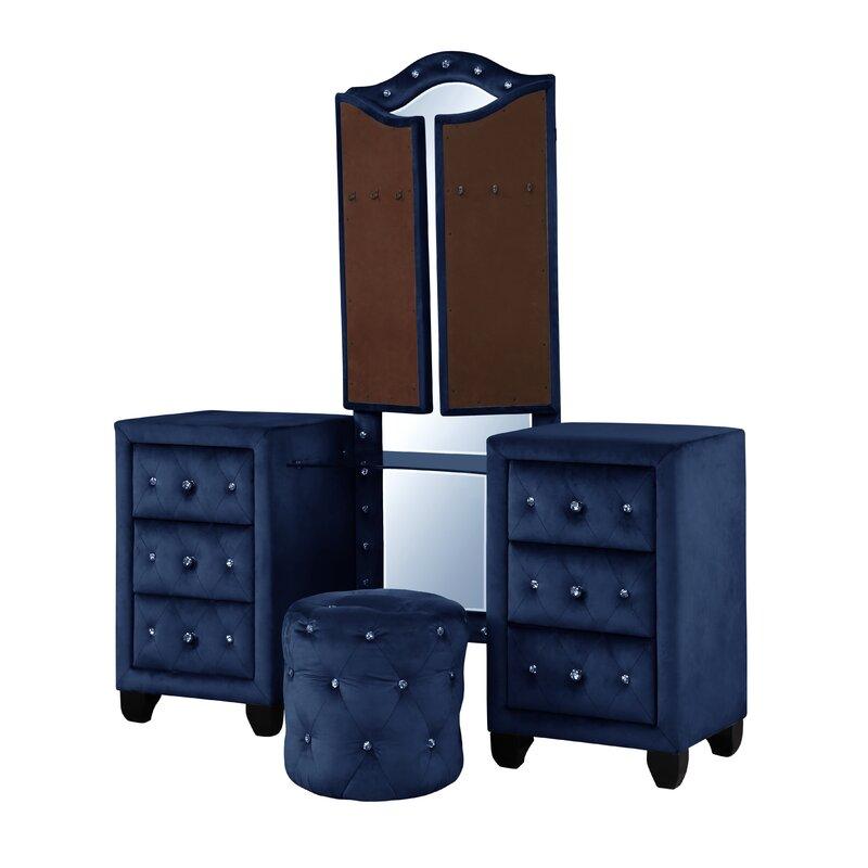 

    
 Photo  Blue Velvet Tufted King Bed Set 4 w/VANITY ALLEN Galaxy Home Contemporary Modern
