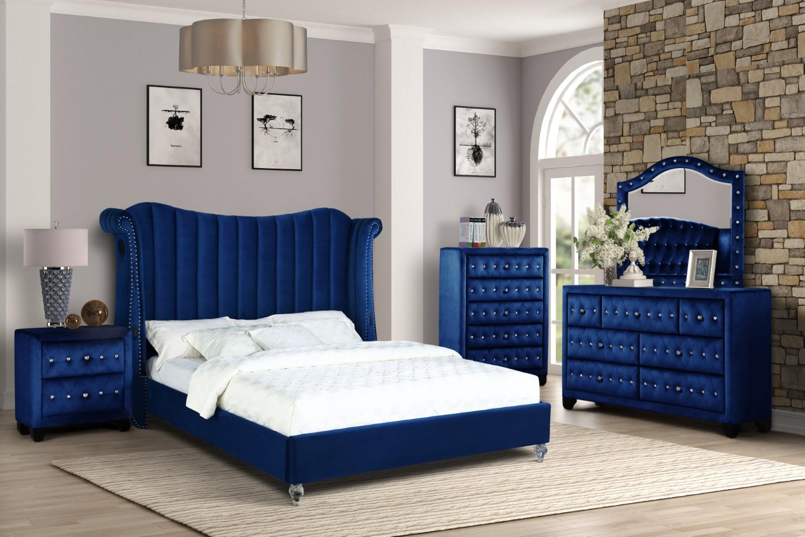 Contemporary, Modern Platform Bedroom Set TULIP BLUE TULIP-BLUE-EK-NDMC-5PC in Blue Velvet