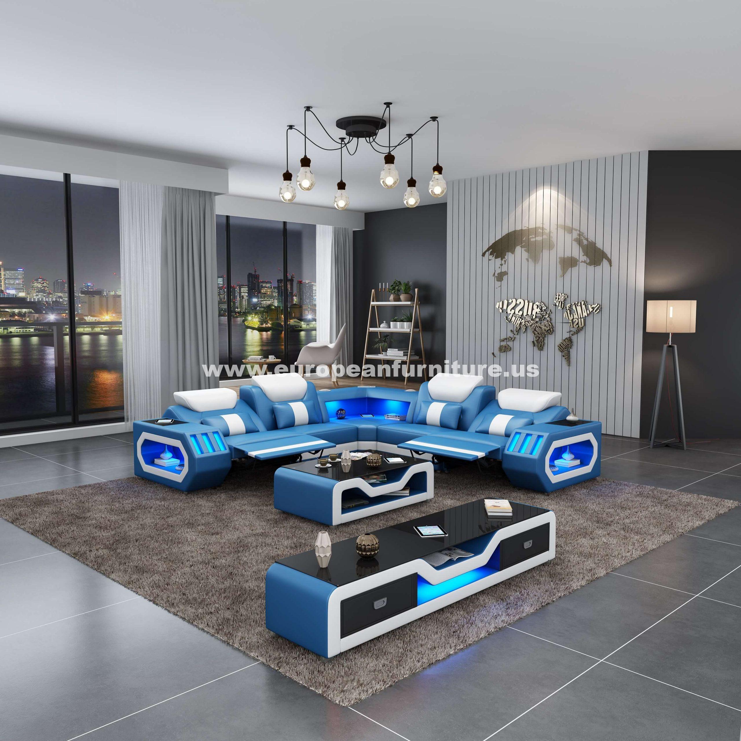 Contemporary, Modern Reclining Sectional SPACESHIP LED-86662-BLUW-DRR in White, Blue Italian Leather