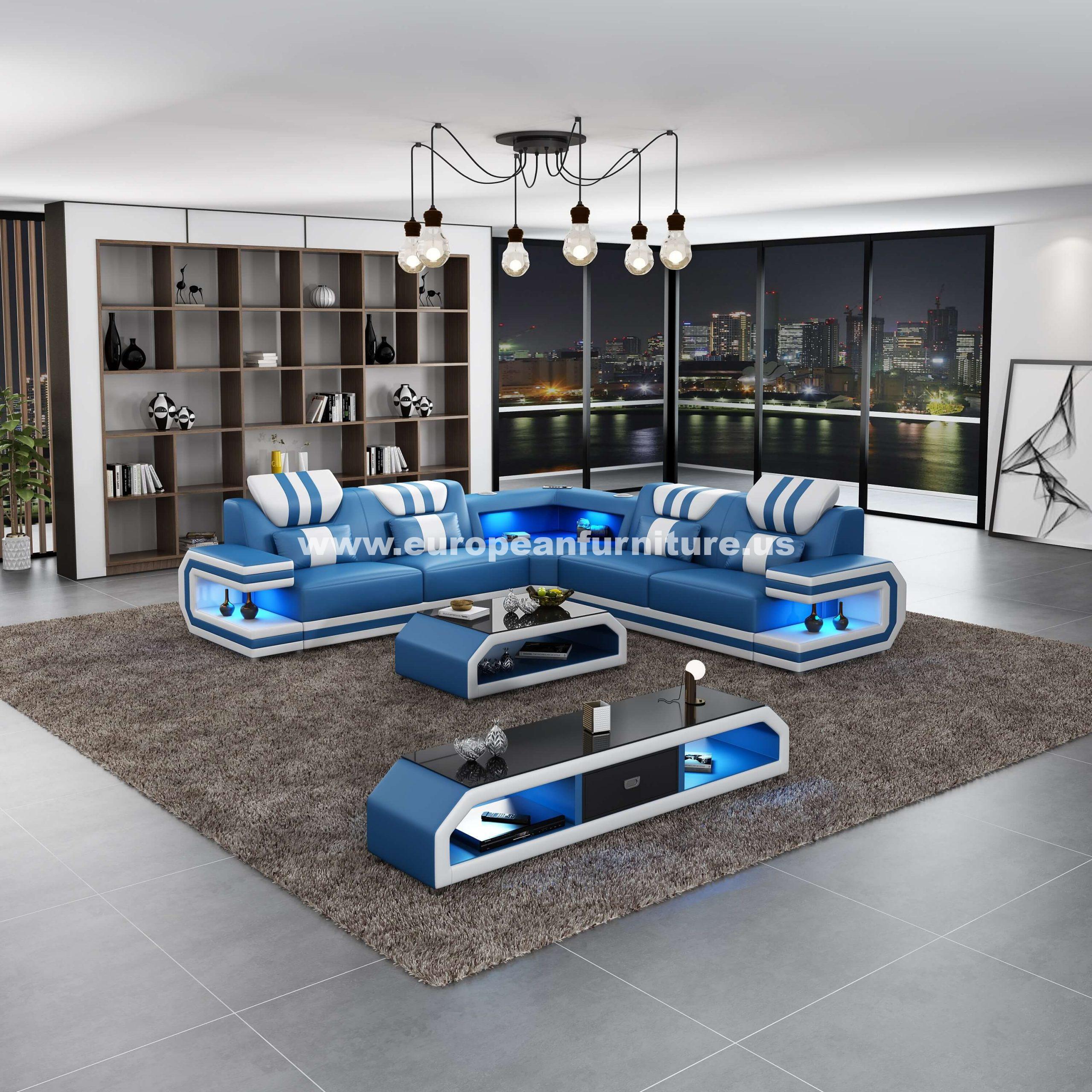 Contemporary, Modern Sectional Sofa LIGHTSABER LED-87772-BWLU in White, Blue Italian Leather
