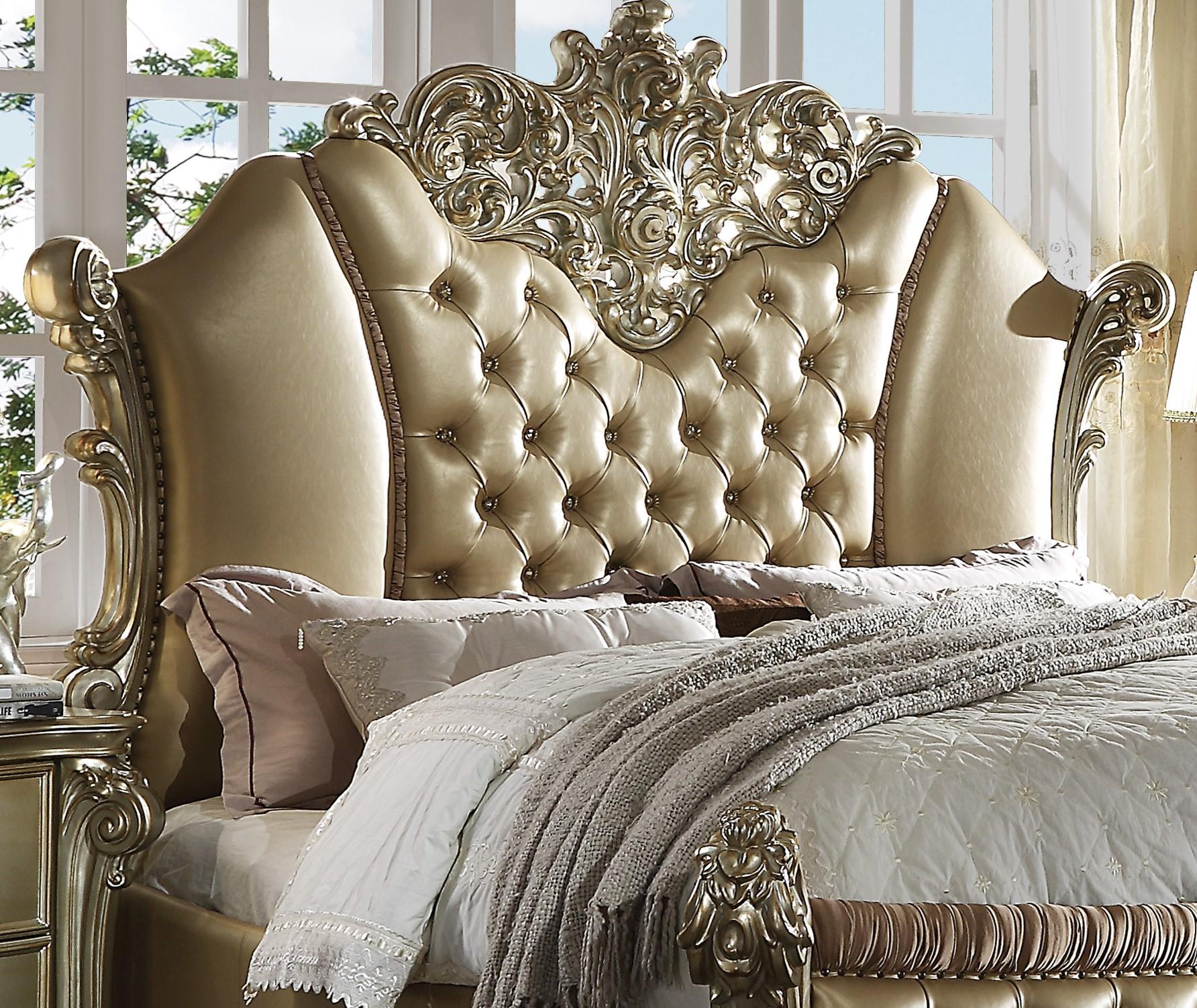 

    
Bone & Gold Patina Upholstered Queen Bed Vendome II-28030Q  Acme Traditional
