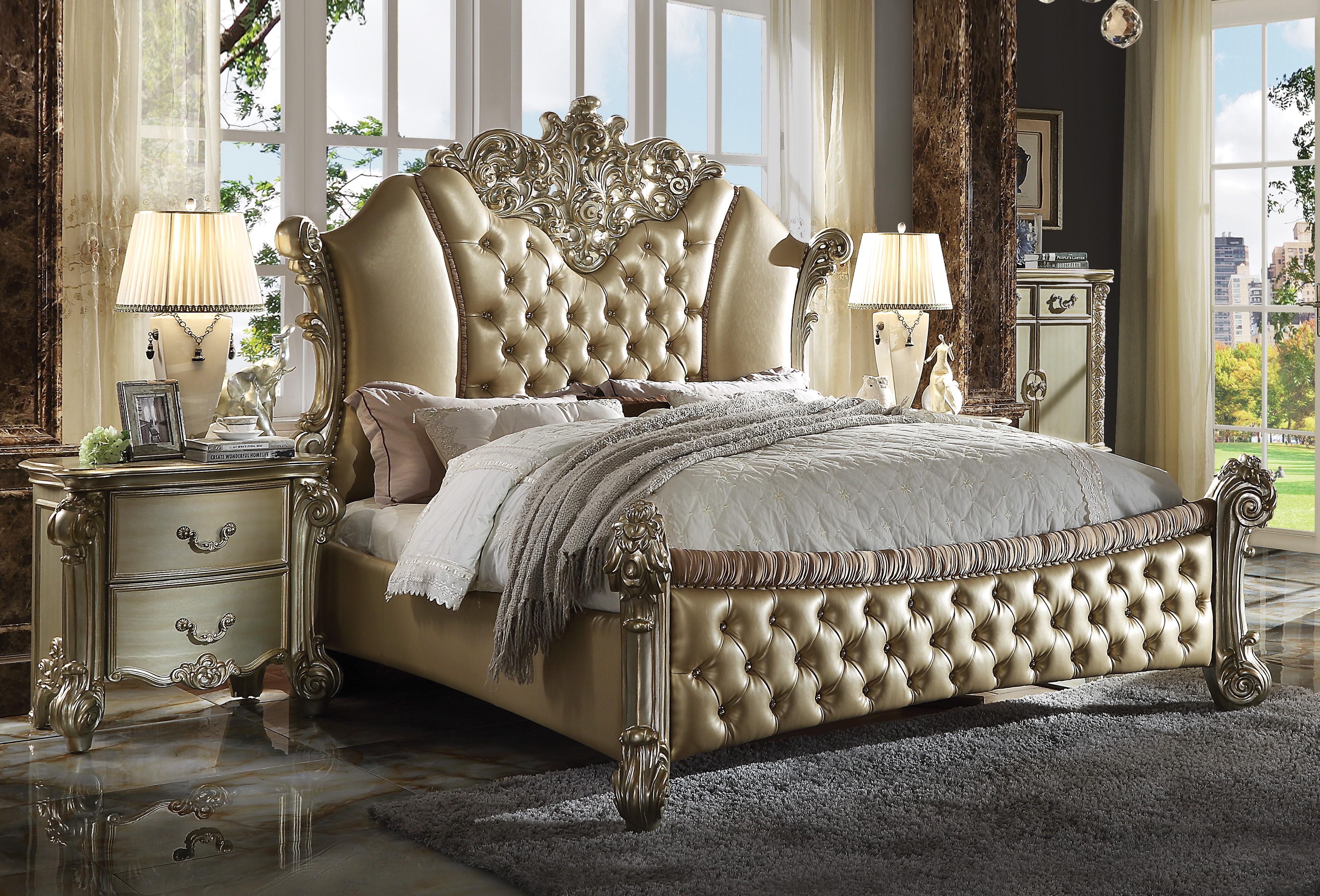 

    
Bone & Gold Patina Upholstered Queen Bed Vendome II-28030Q  Acme Traditional
