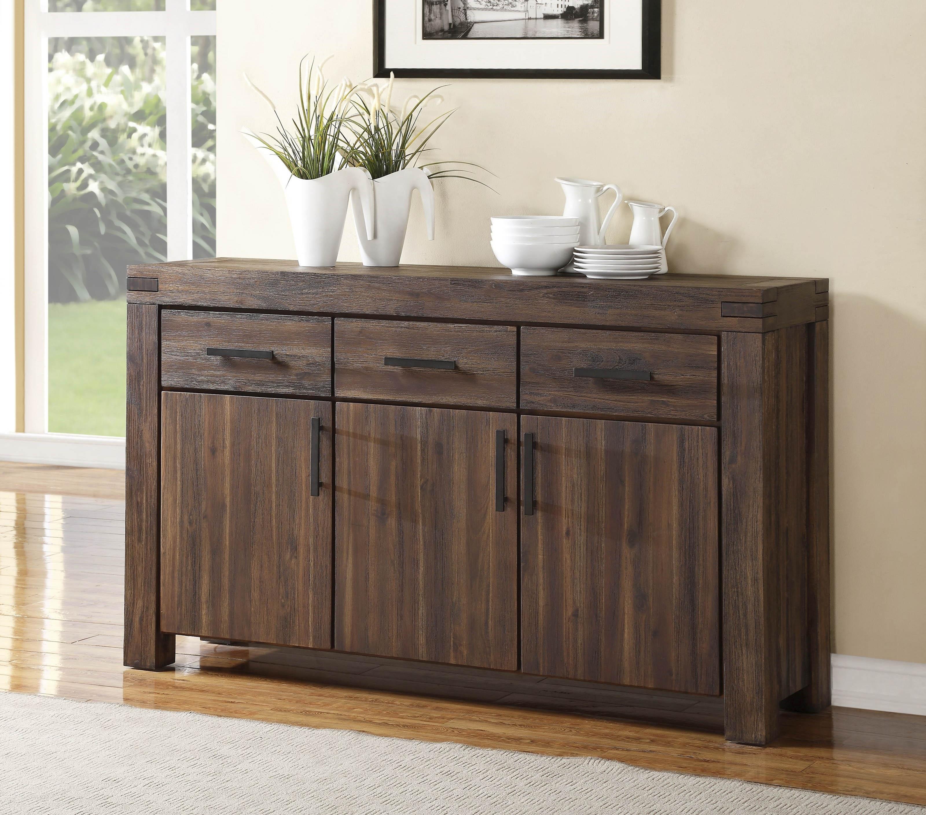 

    
 Shop  Brick Brown Finish Acacia Solids Dining Set 7Pcs w/ Sideboard MEADOW by Modus Furniture
