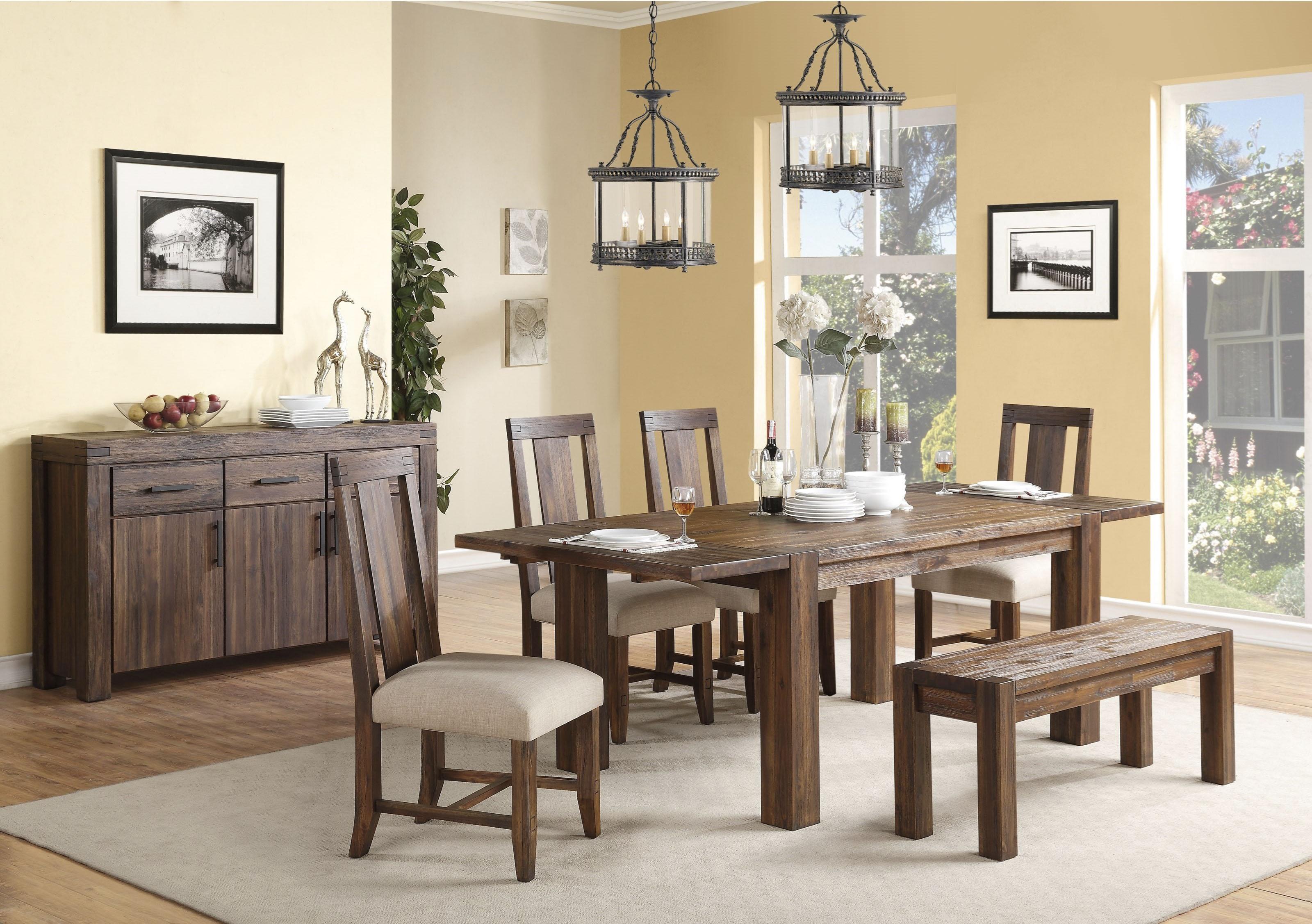 

    
Brick Brown Finish Acacia Solids Dining Set 7Pcs w/ Sideboard MEADOW by Modus Furniture
