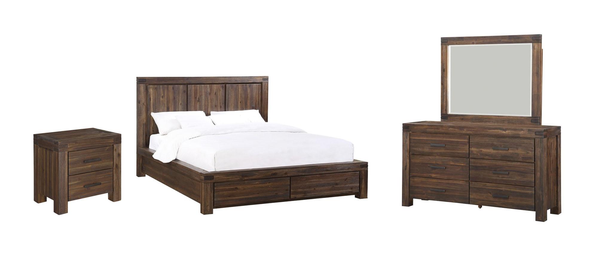 

    
Brick Brown Finish Acacia Solids King Storage Bedroom Set 4Pcs MEADOW by Modus Furniture
