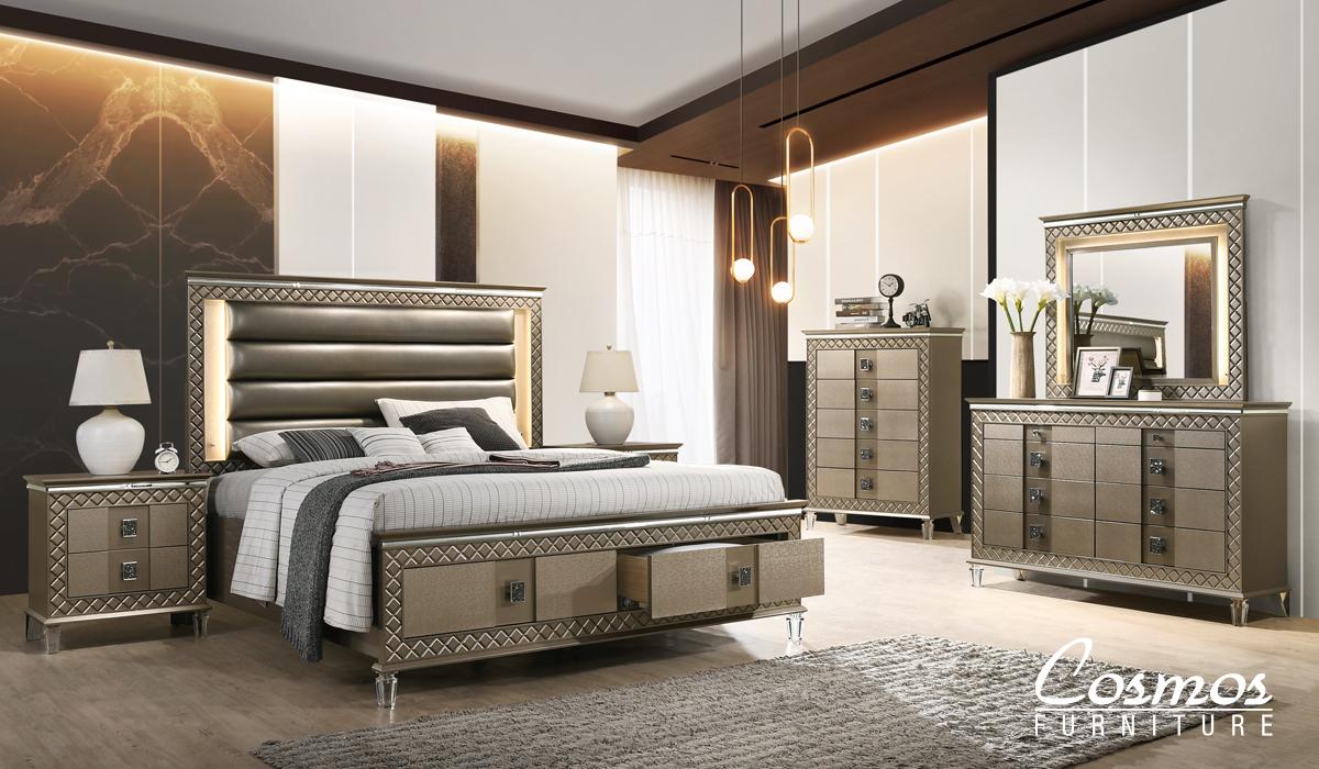 

    
Bronze Finish Wood King Bedroom Set 6Pcs w/Chest Contemporary Cosmos Furniture Coral
