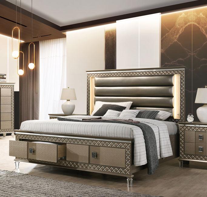 

    
Bronze Finish Wood King Panel Bed Contemporary Cosmos Furniture Coral
