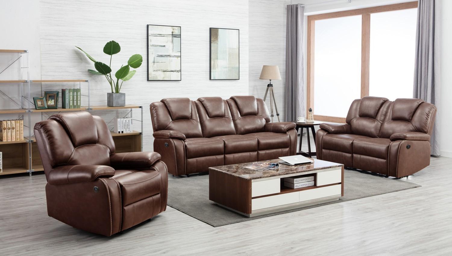 

    
Brown Air Leather Power Reclining Sofa Set 3 Pcs Contemporary  Global United 7993
