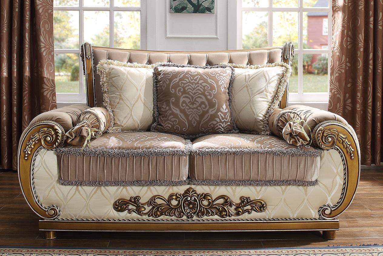 

    
Brown & Beige Tufted Loveseat Carved Wood Traditional Homey Design HD-25
