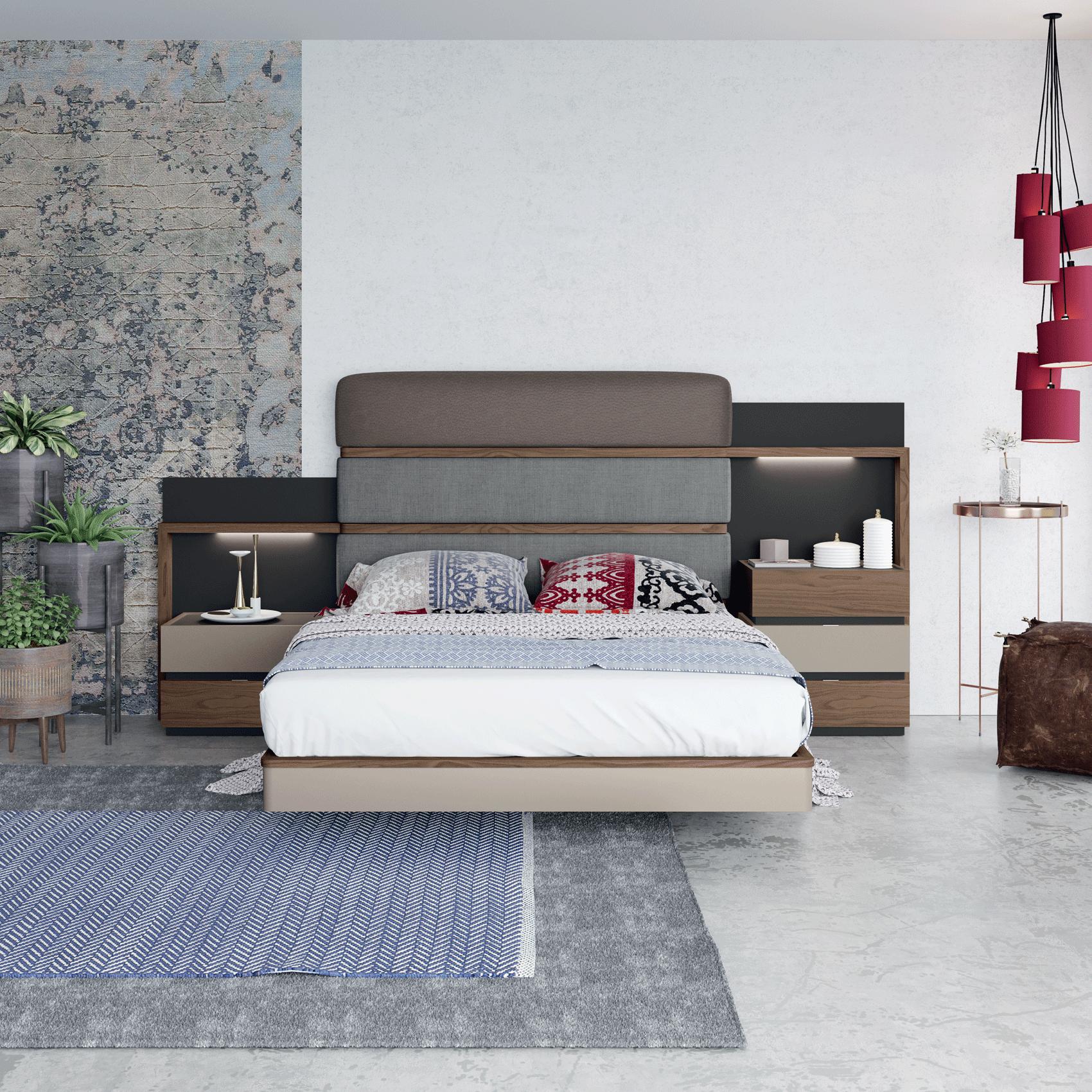 

    
Ollie Brown Beige & Gray Finish Queen Bed & 2 Nightstands Modern Made in Spain
