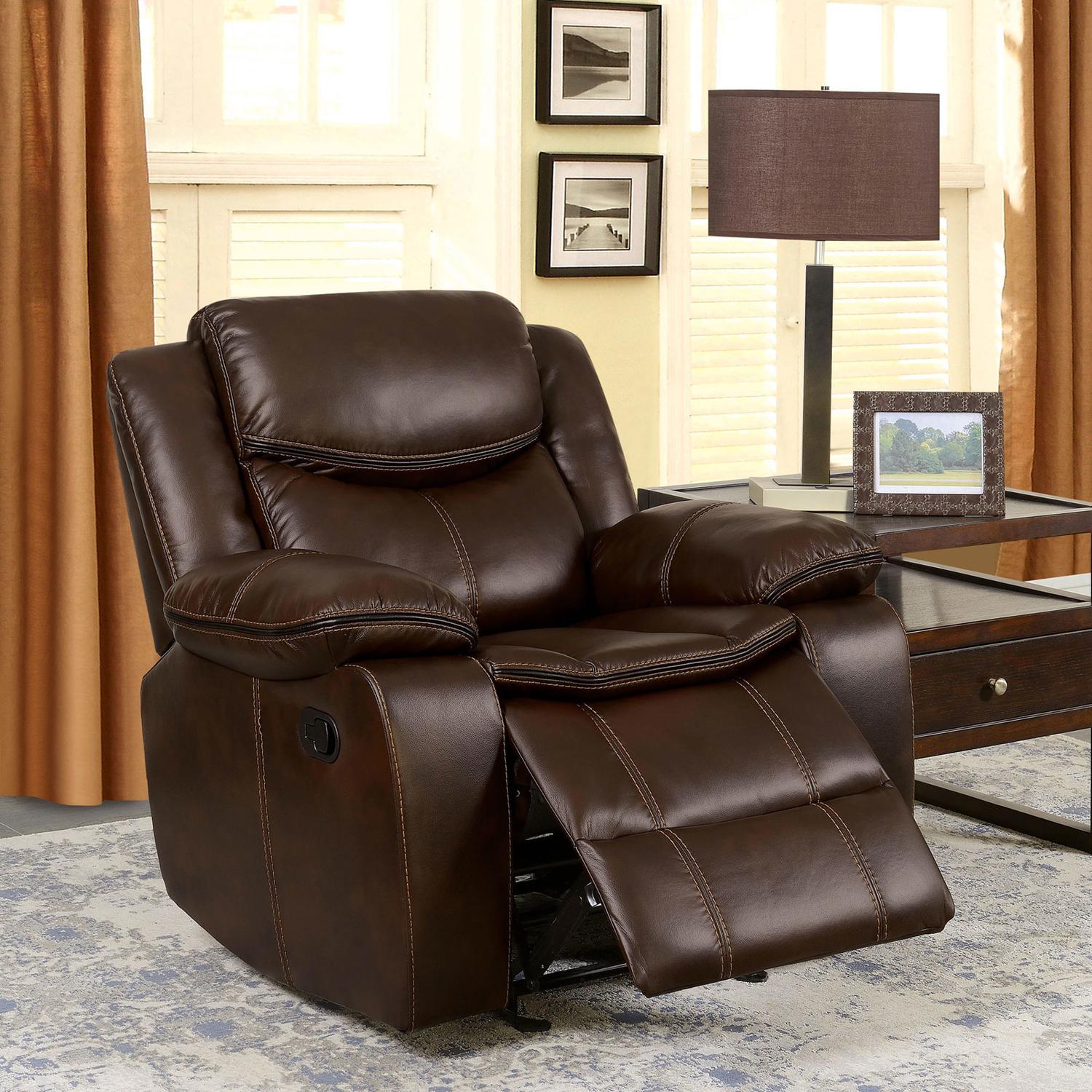 

    
Transitional Brown Breathable Leatherette Reclining Living Room Set 3pcs Furniture of America Pollux
