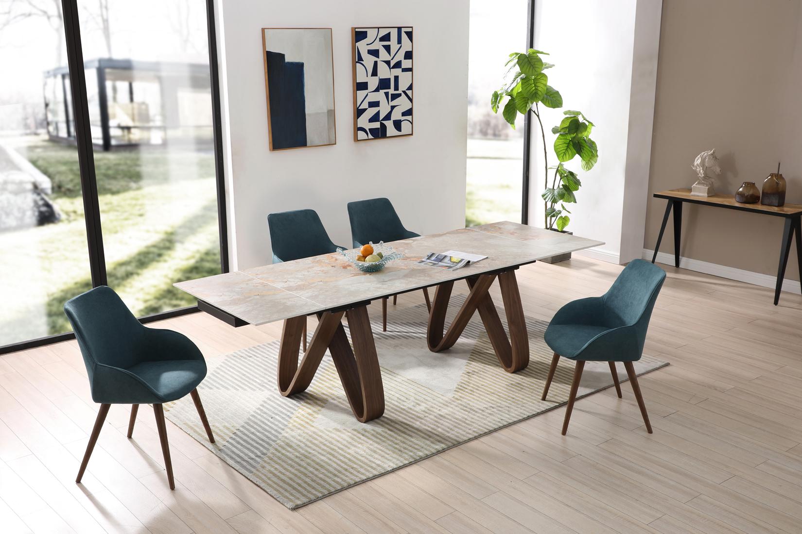 Contemporary Dining Table Set 9086TABLE 9086TABLE-5PC in Walnut, Emerald, Beige Fabric