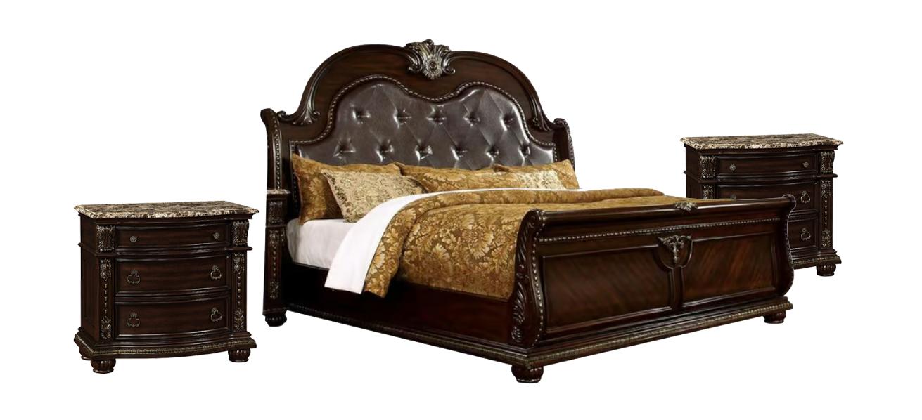 

    
Brown Cherry Faux Leather CAL King Sleigh Bedroom Set 3Pcs Furniture of America FROMBERG
