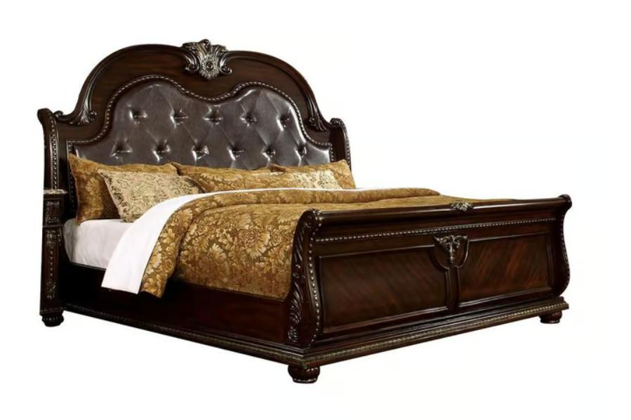 

    
Brown Cherry Faux Leather CAL King Sleigh Bedroom Set 3Pcs Furniture of America FROMBERG
