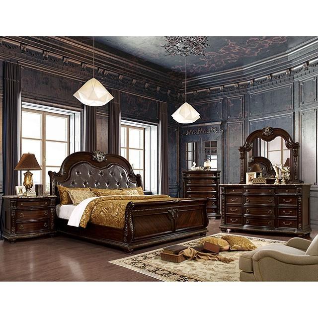 

    
 Order  Brown Cherry Faux Leather CAL King Sleigh Bedroom Set 5Pcs Furniture of America FROMBERG
