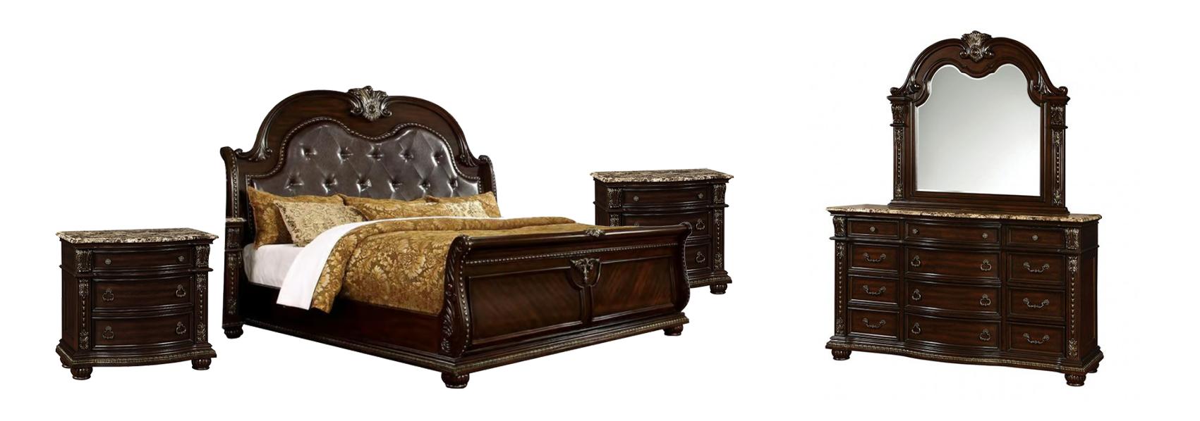 

    
Brown Cherry Faux Leather King Sleigh Bedroom Set 5Pcs Furniture of America FROMBERG
