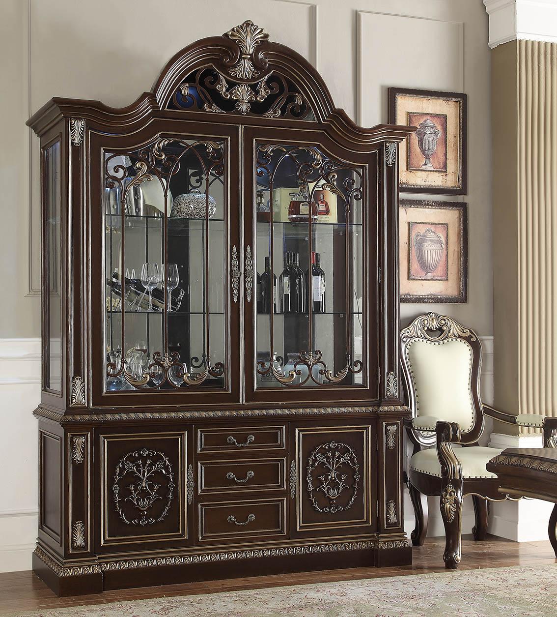 Traditional China Cabinet HD-8013 HD-CH8013 in Dark Cherry, Gold, Brown 