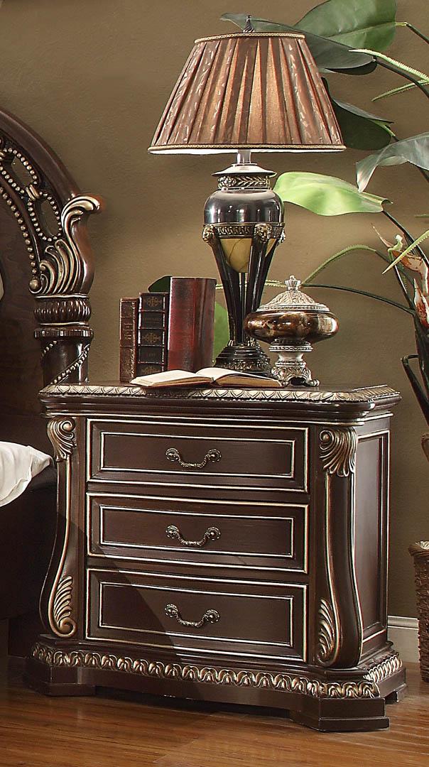 

    
Cherry & Gold Carved Wood Nightstand Set 2Pcs Traditional Homey Design HD-8013
