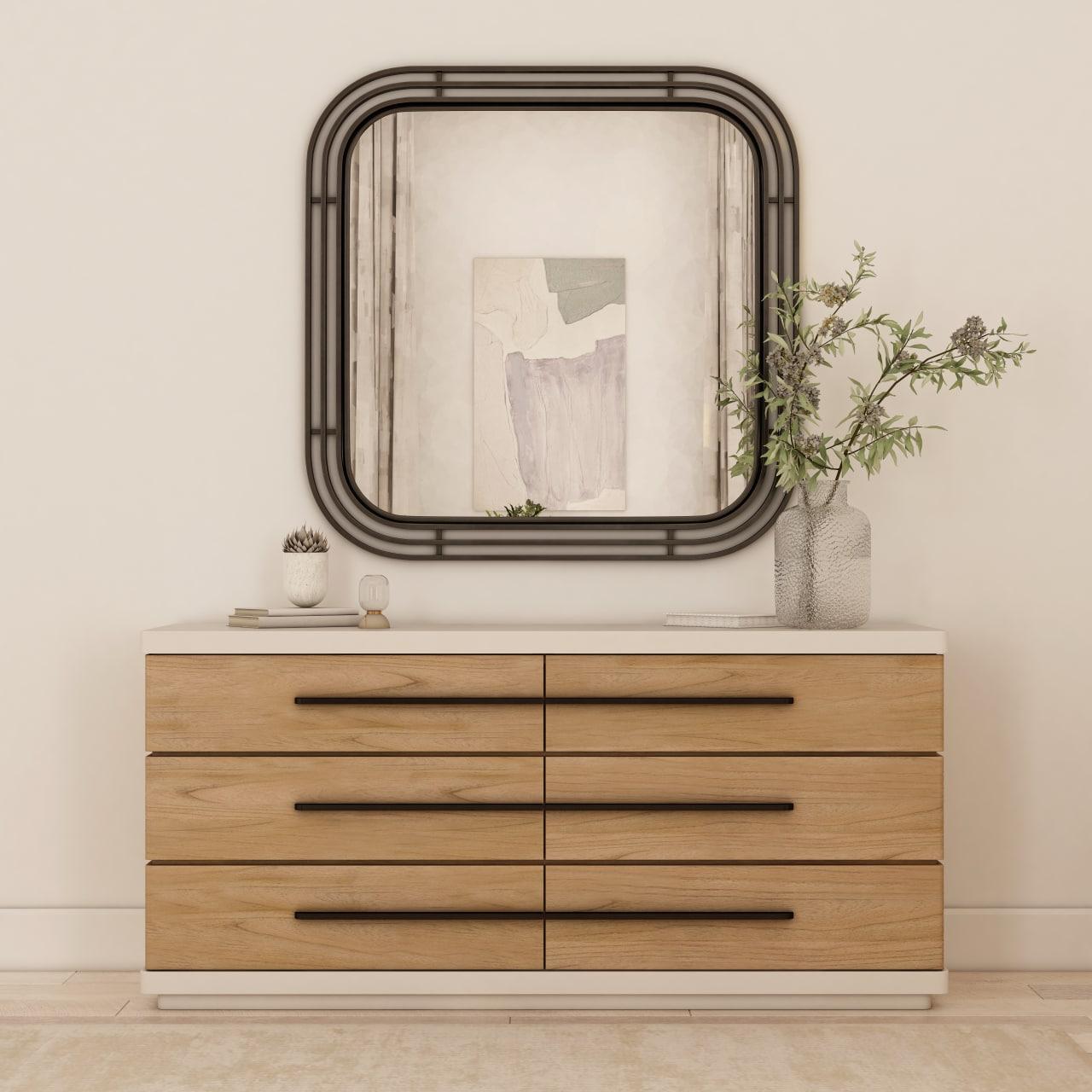 

    
Brown Dresser + Black Metal Frame Mirror Set by A.R.T. Furniture Portico
