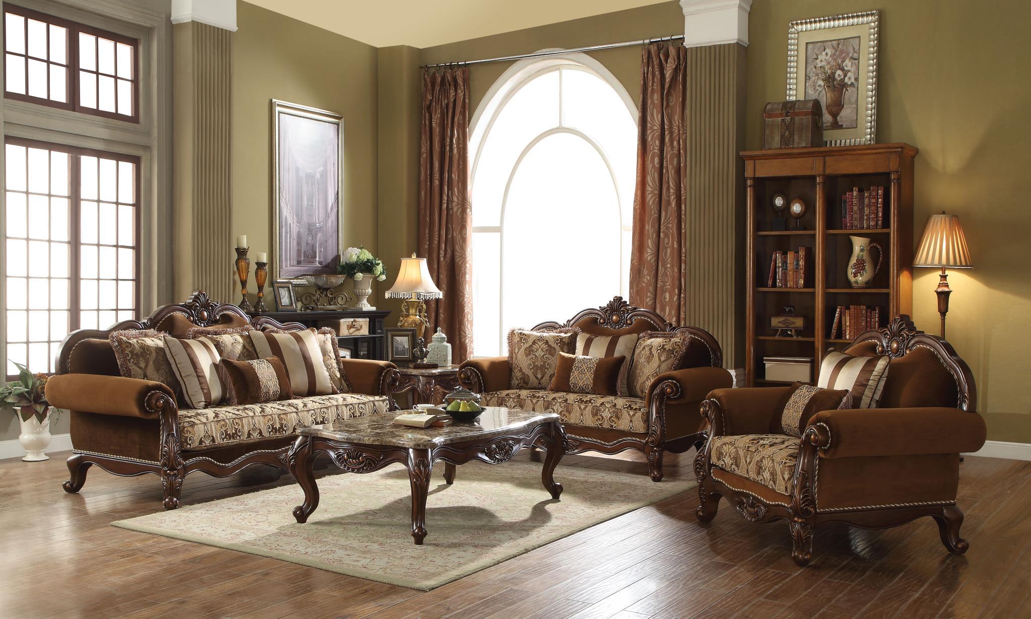 Brown Fabric & Cherry Oak Sofa Set 3 Jardena 50655 ACME Traditional ...