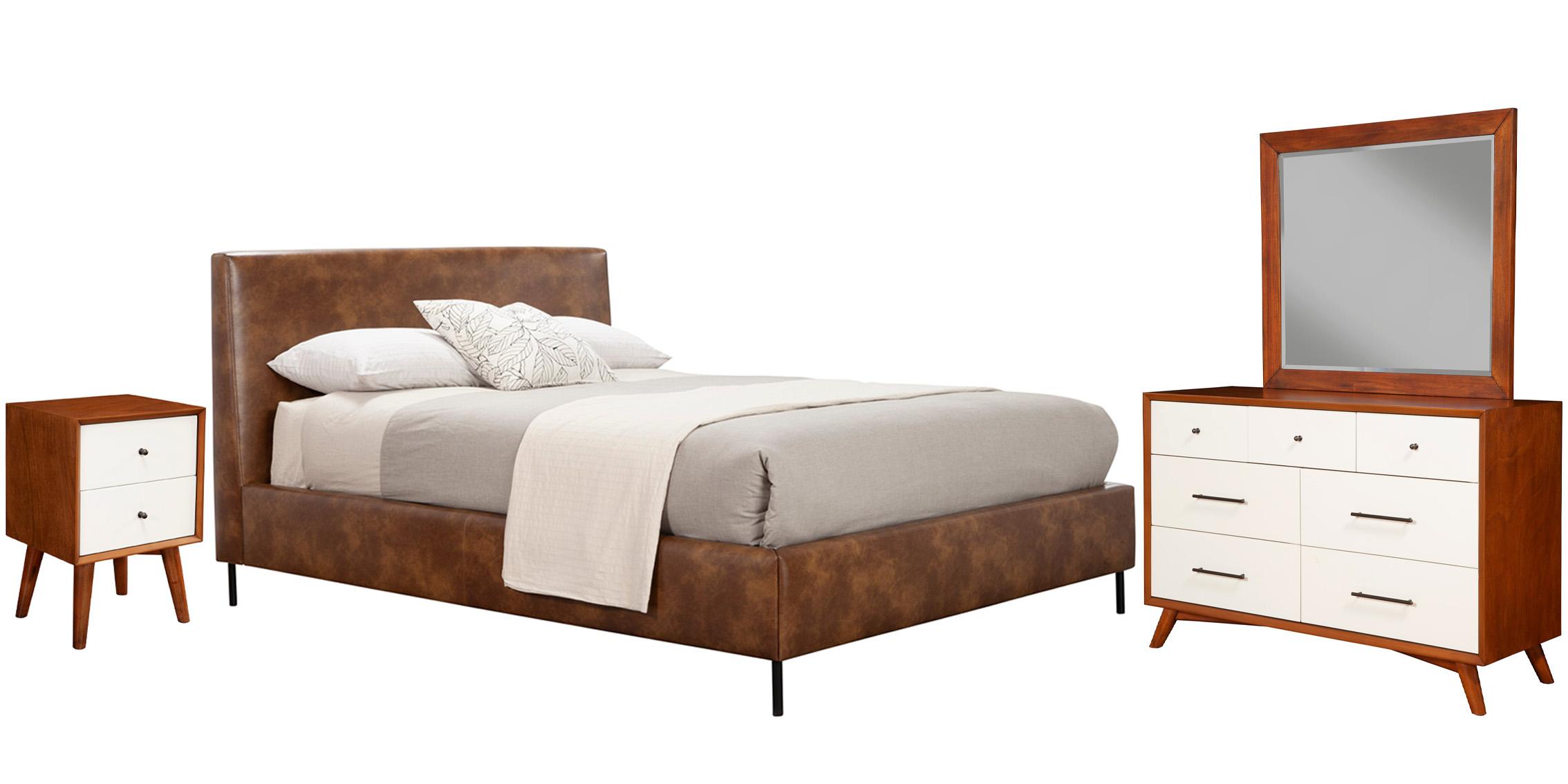 Modern, Rustic Platform Bedroom Set SOPHIA/FLYNN 6902CK-BRN-Set-4 in Brown Faux Leather