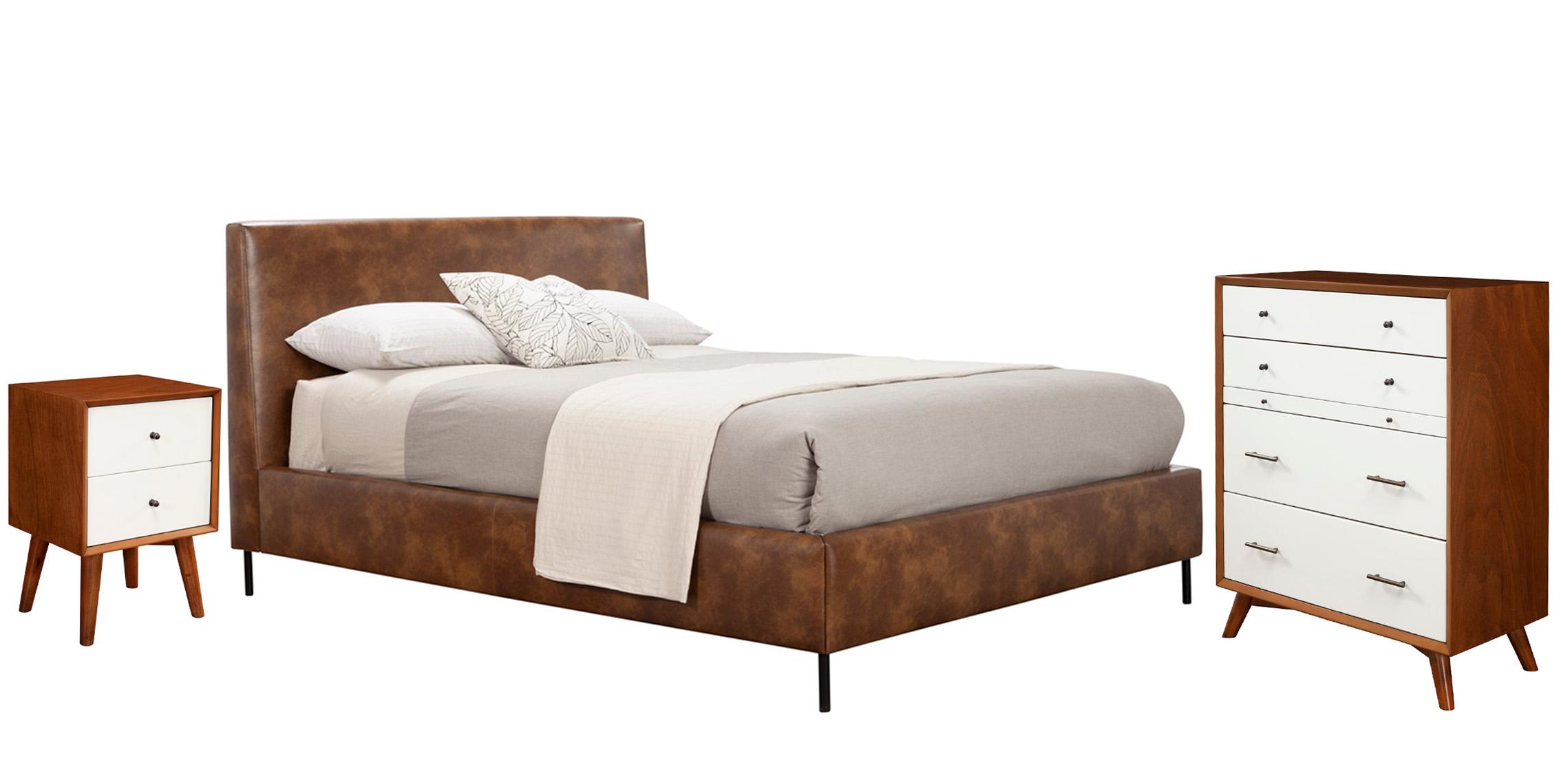 Modern, Rustic Platform Bedroom Set SOPHIA/FLYNN 6902F-BRN-Set-3 in Brown Faux Leather