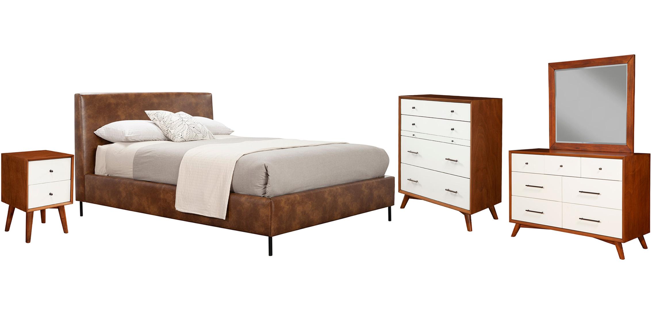 Modern, Rustic Platform Bedroom Set SOPHIA/FLYNN 6902F-BRN-Set-5 in Brown Faux Leather