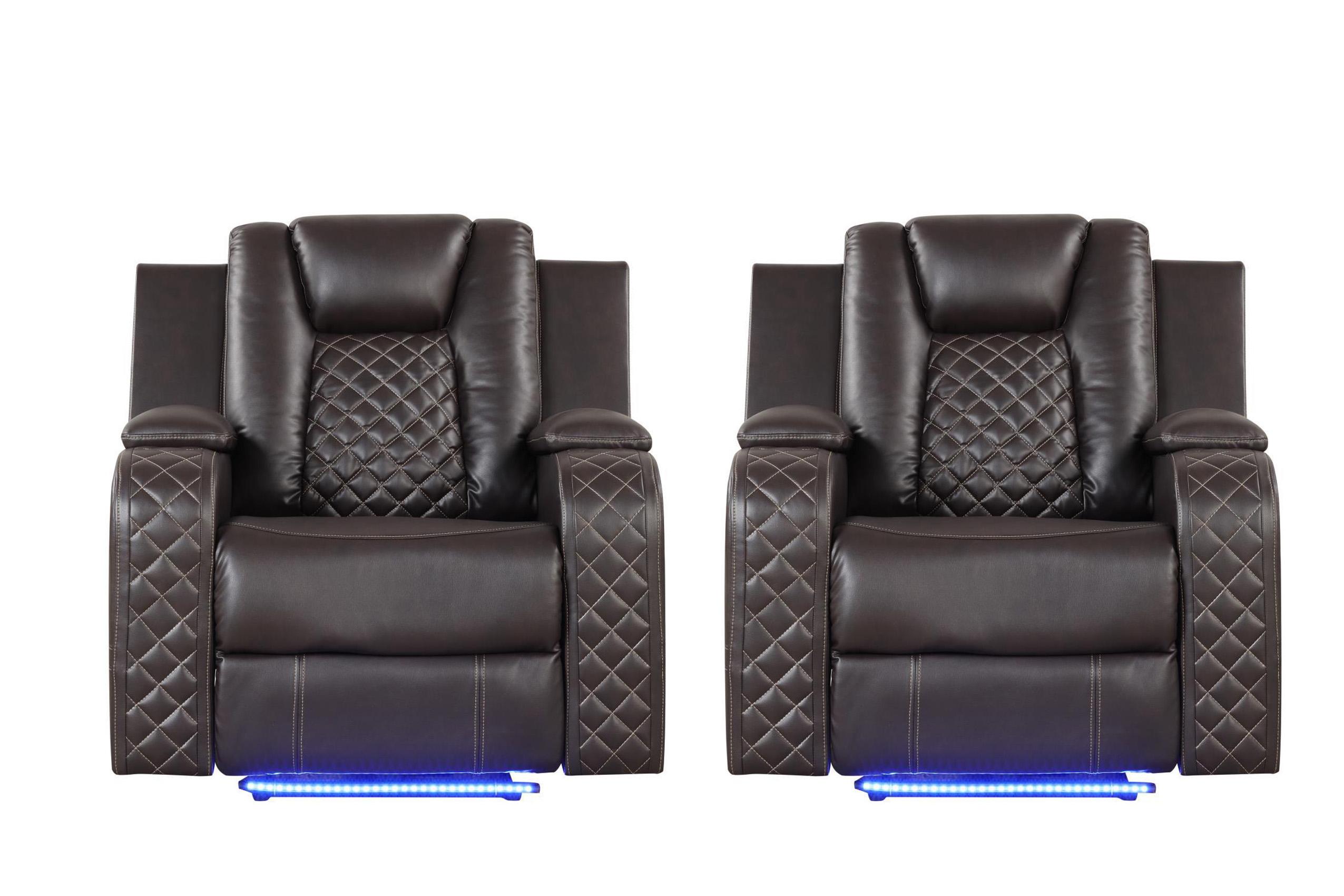 

    
Brown Faux Leather Power Recliner Chair Set 2Pcs BENZ Galaxy Home Contemporary

