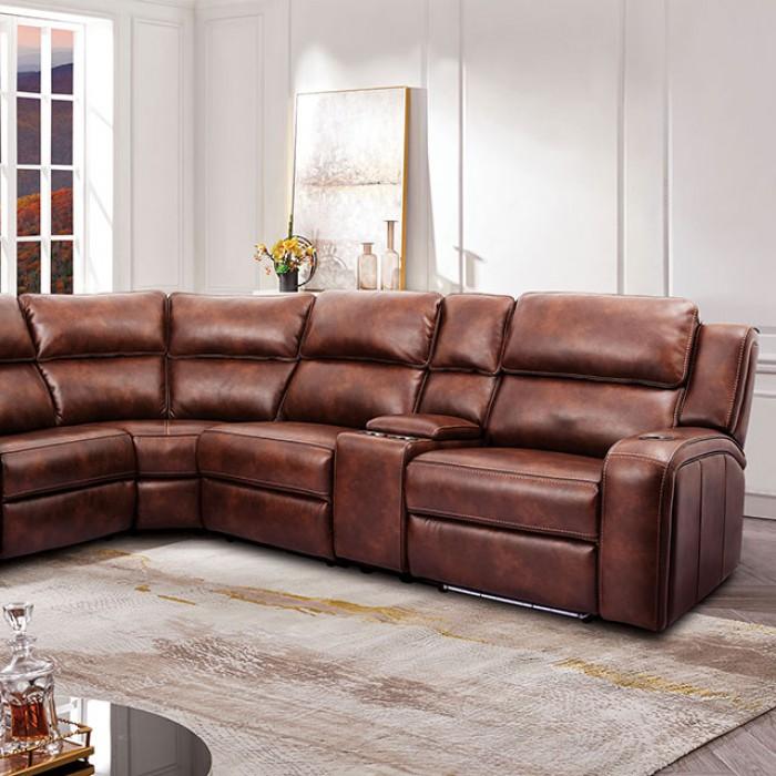

    
Brown Faux Leather Power Sectional Furniture of America Callie
