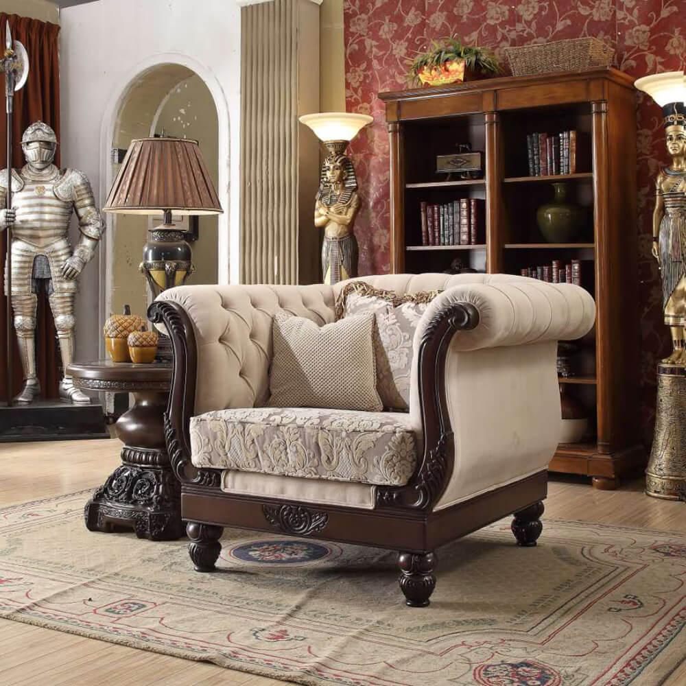 

    
Brown Mahogany & Beige Armchair Traditional Homey Design HD-2651
