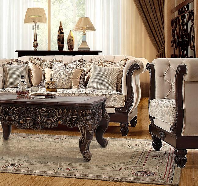 

    
Brown Mahogany & Beige Sofa Traditional Homey Design HD-2651
