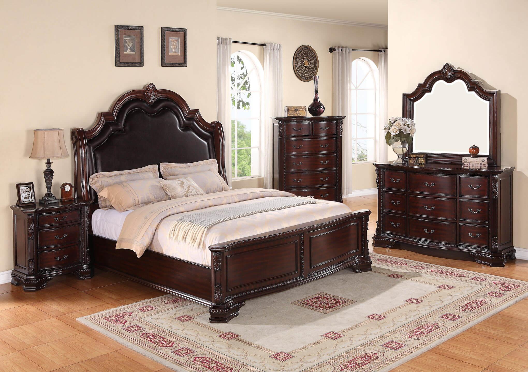 Classic, Vintage Panel Bedroom Set Sheffield B1100-Q-Bed-5pcs in Brown PU