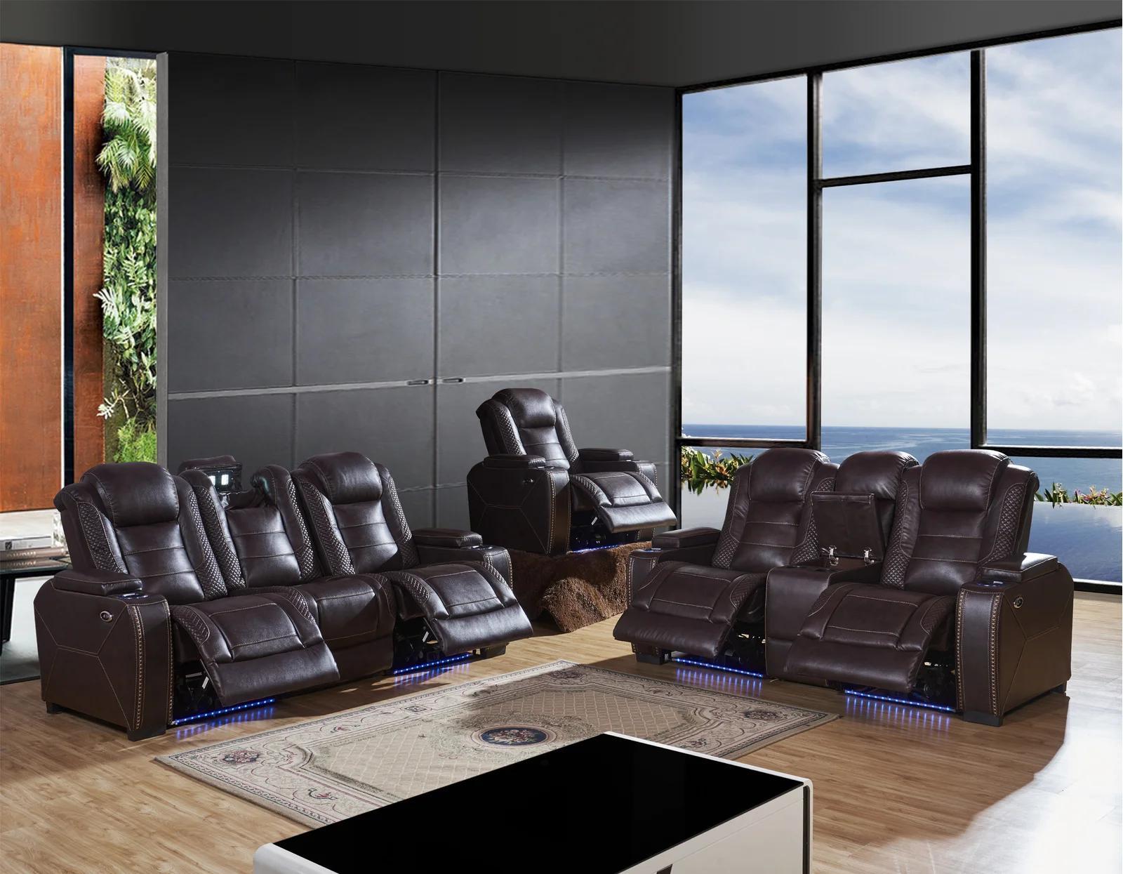 

    
Brown Power Reclining Sofa Leather Air & LED Lights SF3817 Contemporary Modern
