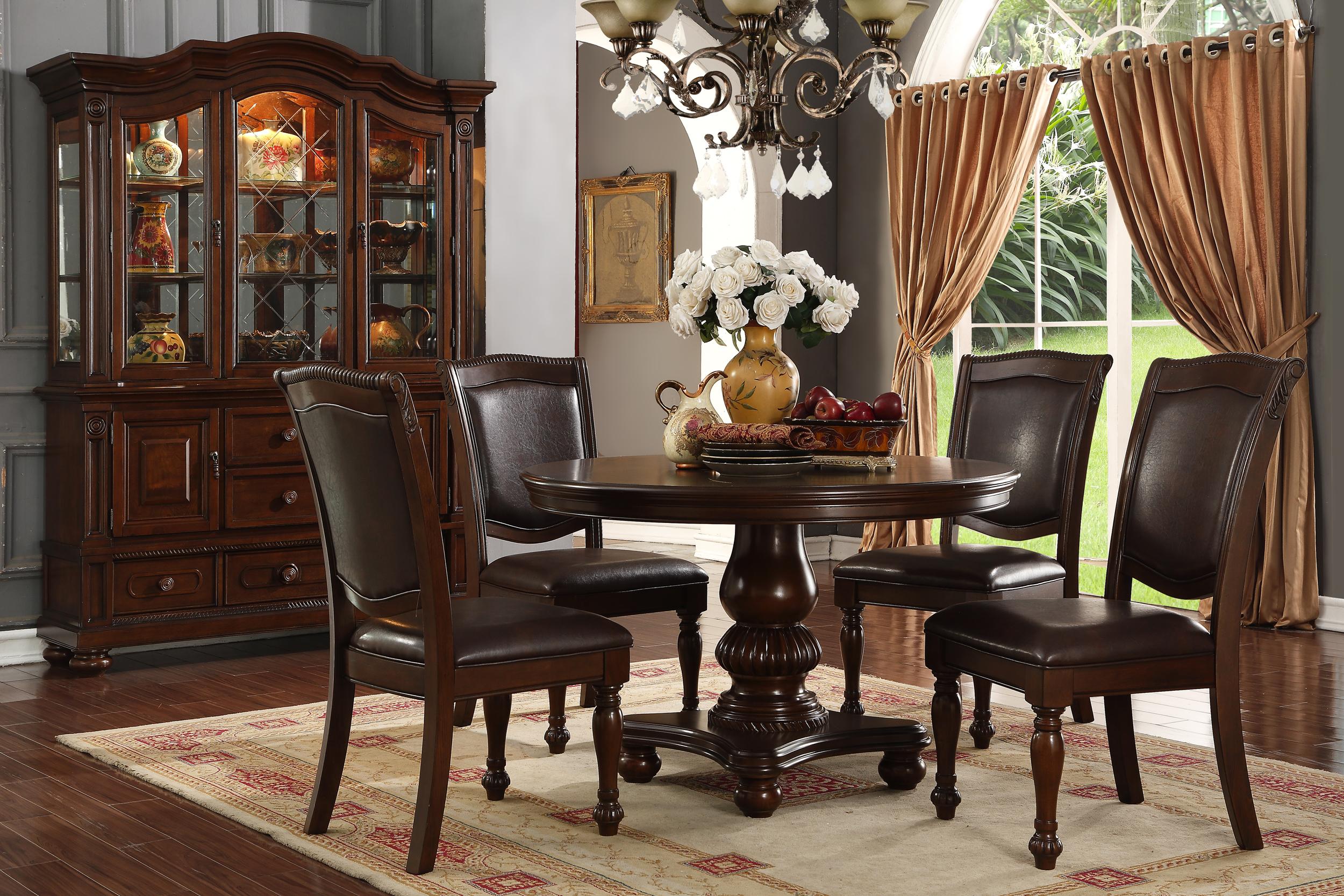 

    
Brown Rich Wood Round Dining Table Set 6Pcs w/ China Cabinet McFerran D7900-4848
