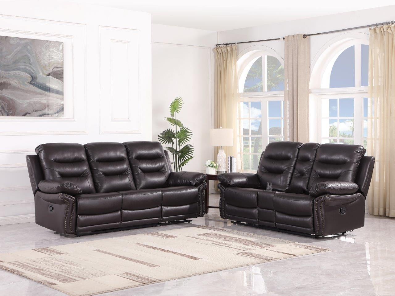 

    
Brown Sofa Set w/ Console Loveseat Air/Leather Match 2Pcs Global United 9392
