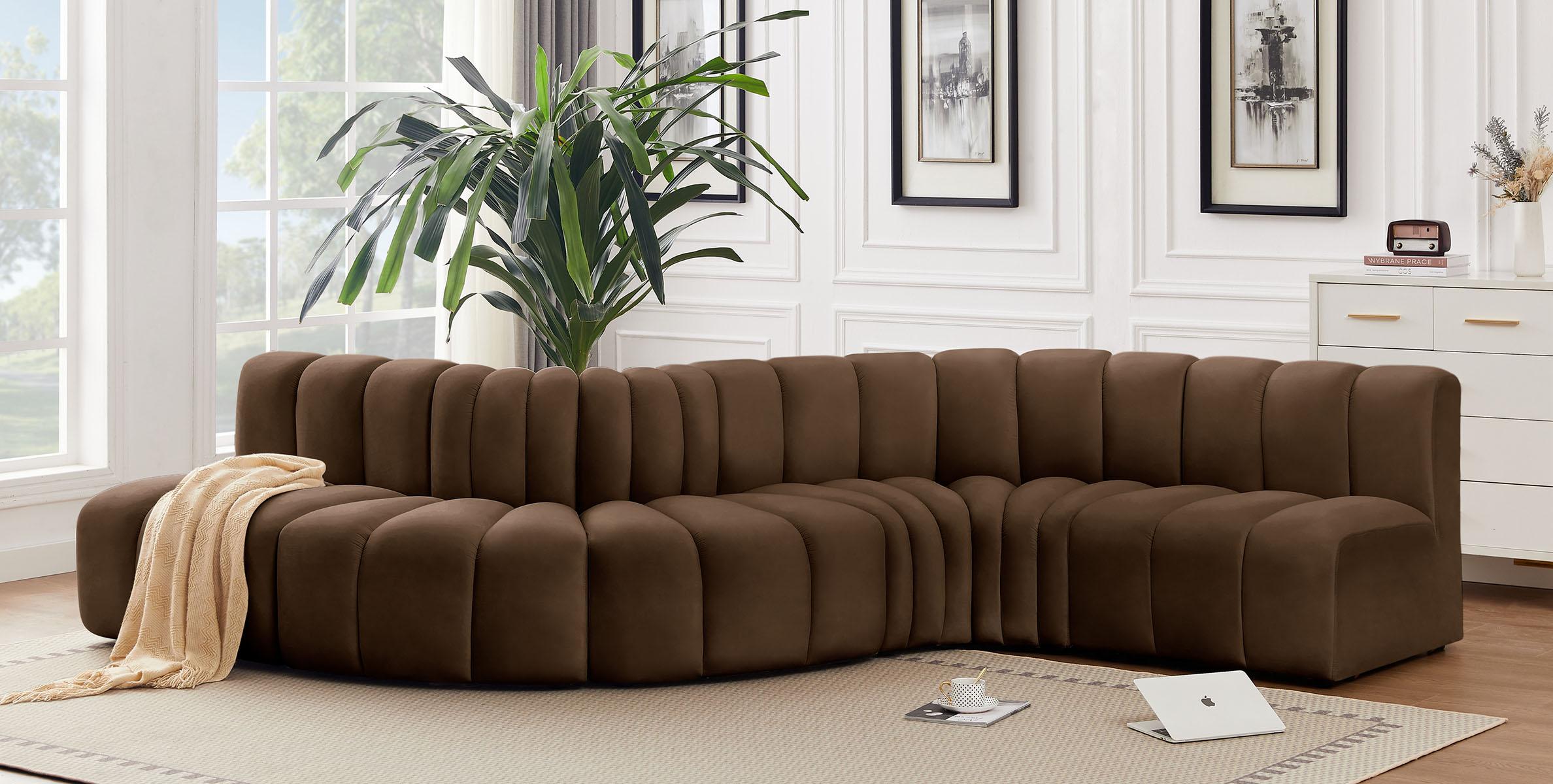 

    
Brown Velvet Channel Tufted Modular Sectional ARC 103Brown-S6A Meridian Modern
