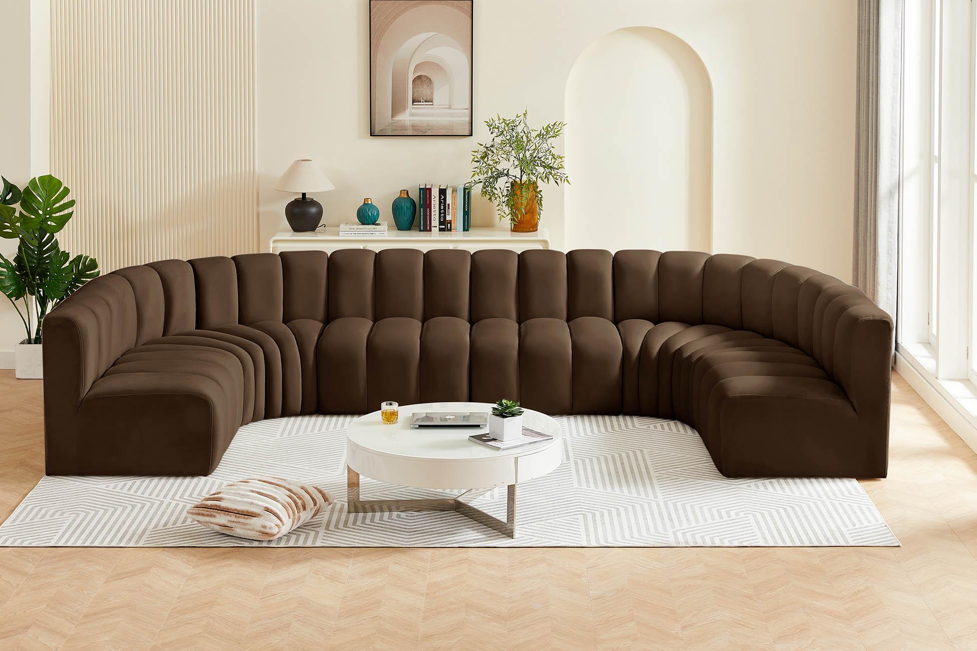 

    
Brown Velvet Channel Tufted Modular Sectional ARC 103Brown-S8A Meridian Modern

