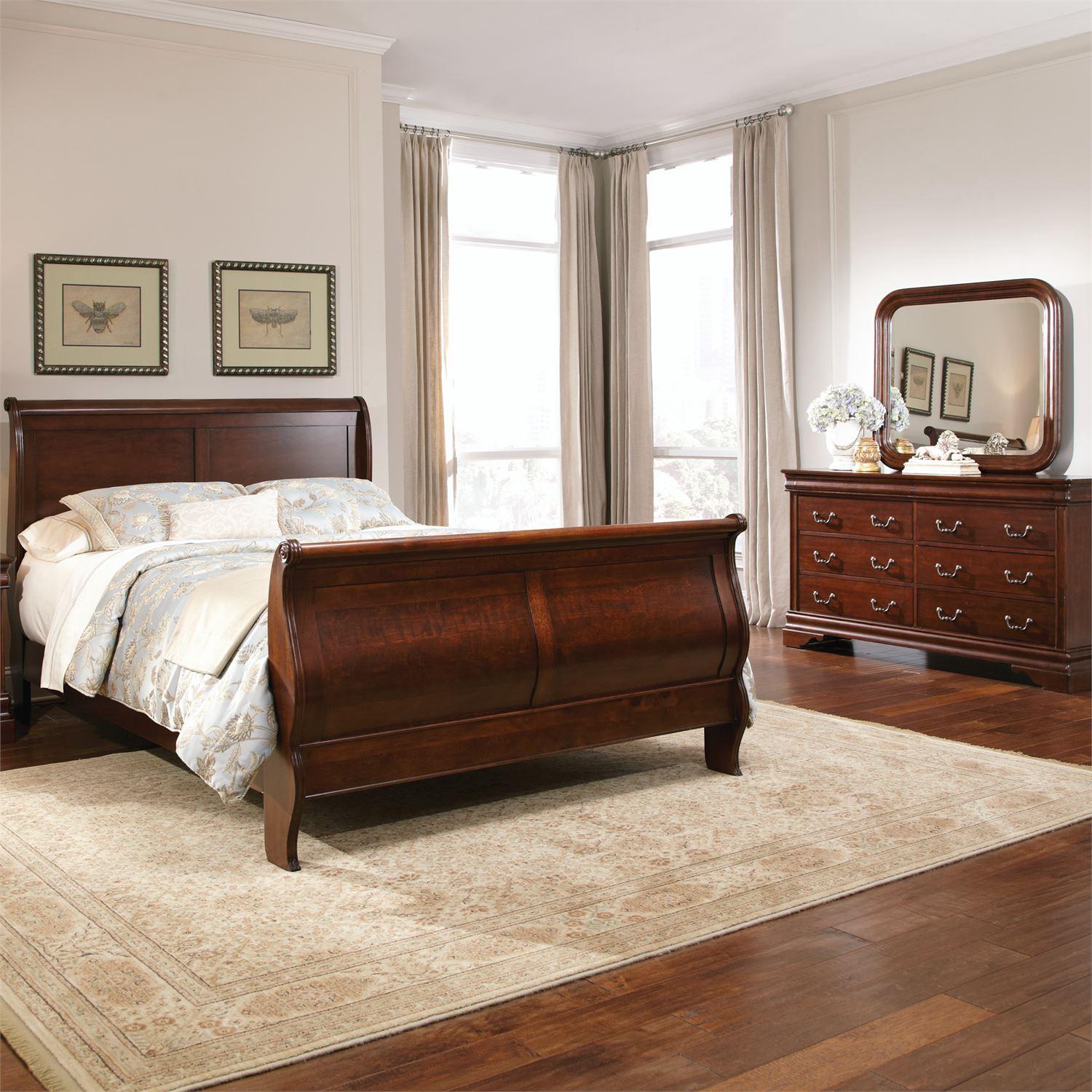 

    
Mahogany Stain Finish Queen Sleigh Bed Set 3Pcs Carriage Court 709-BR Liberty Furniture
