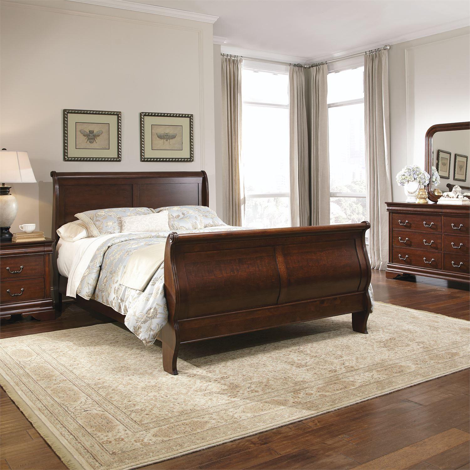 

    
Mahogany Stain Finish Queen Sleigh Bed Set 5Pcs Carriage Court 709-BR Liberty Furniture
