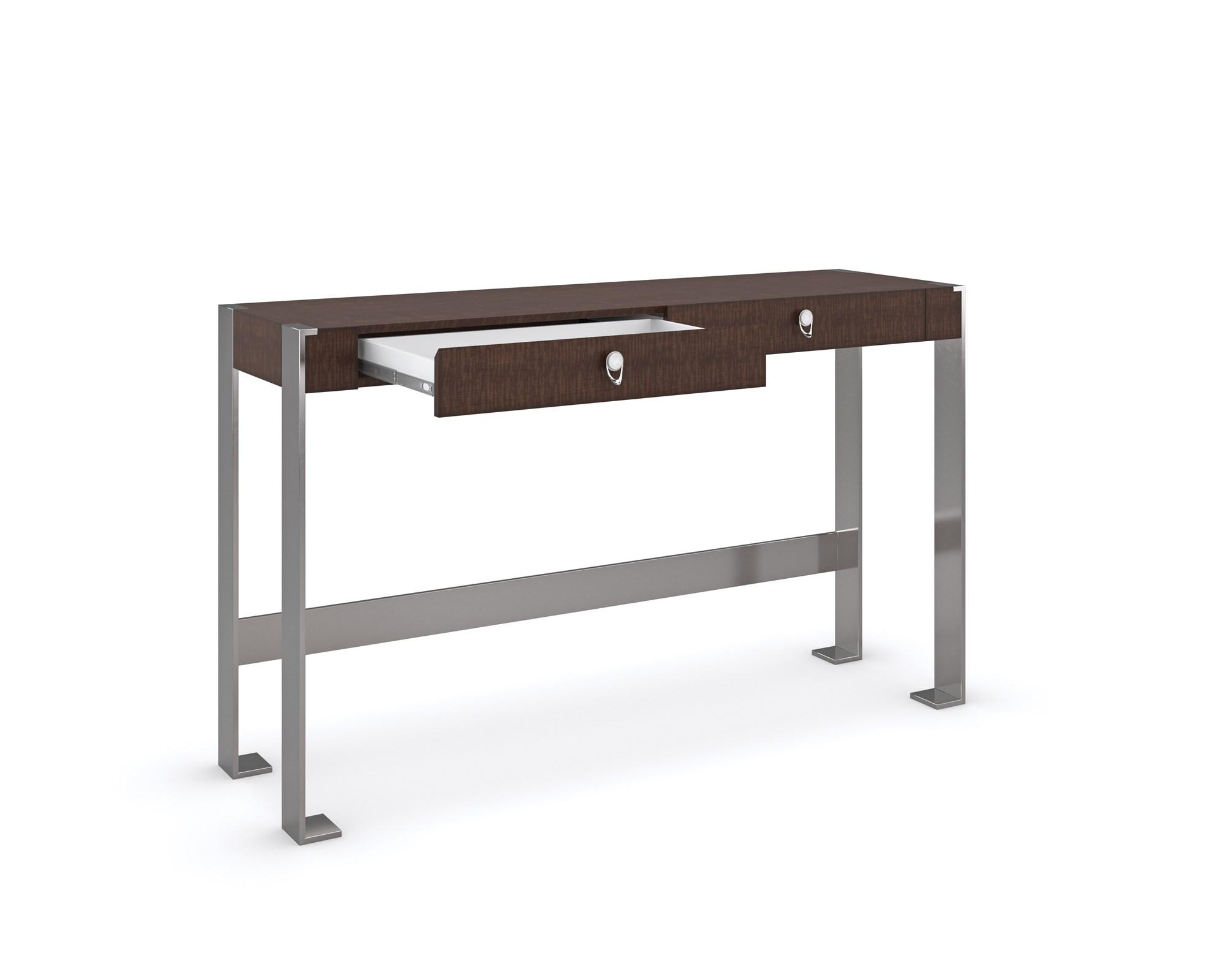 

    
Brunette & Satin Nickel Finish Console Table OPEN FOR BUSINESS by Caracole
