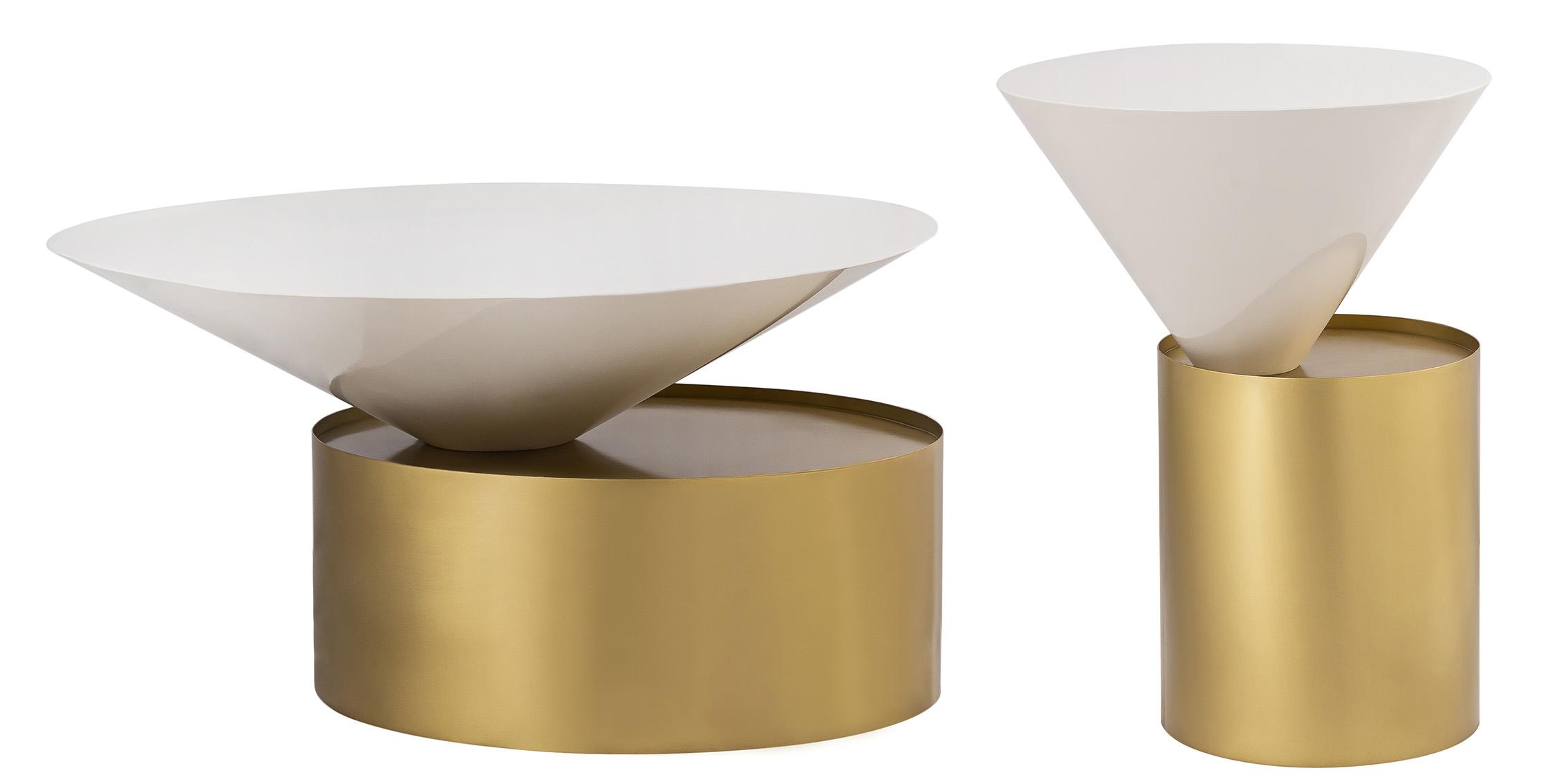 

    
Brushed Brass & White Metal Coffee Table Set 2Pcs DAMON 268-C Meridian Modern
